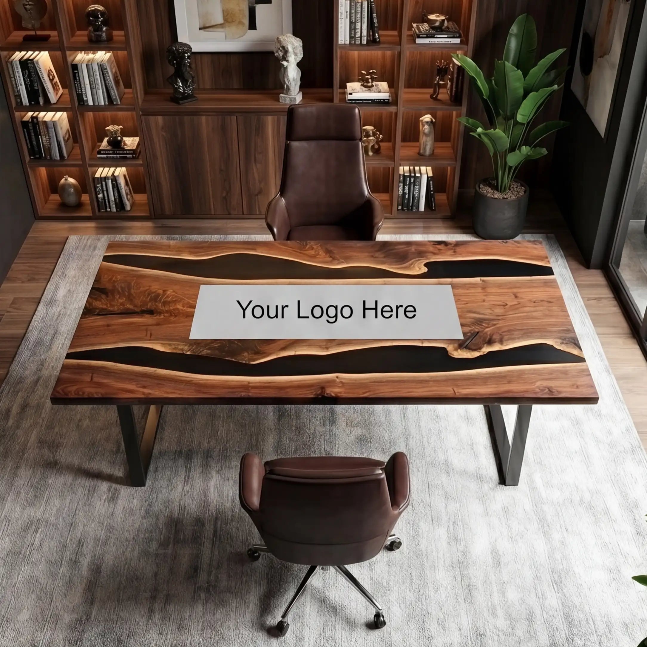 Custom Walnut and Black Resin “Executive Signature” Series Desk (With Custom Corporate Logo) RD-38