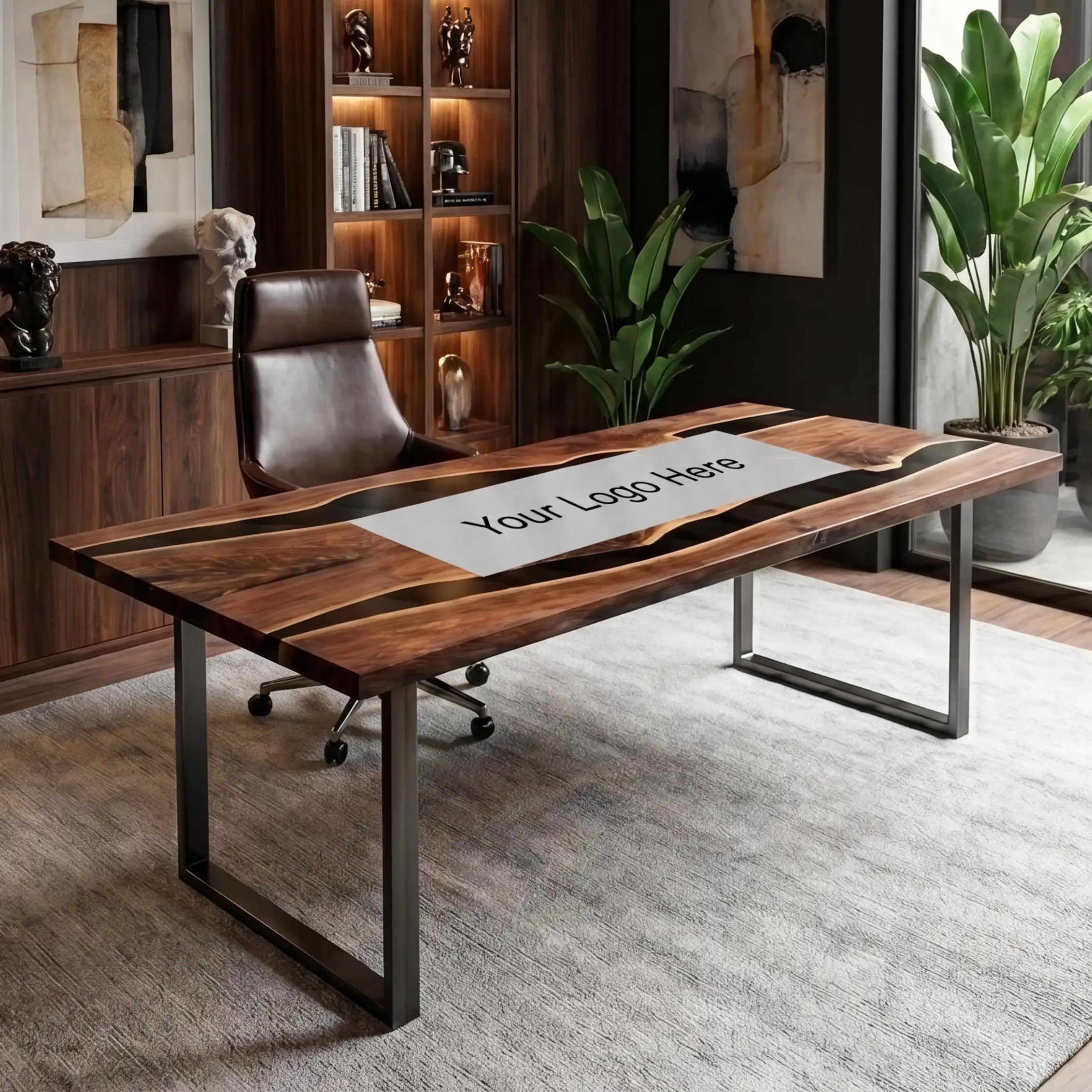 Custom Walnut and Black Resin “Executive Signature” Series Desk (With Custom Corporate Logo) RD-38
