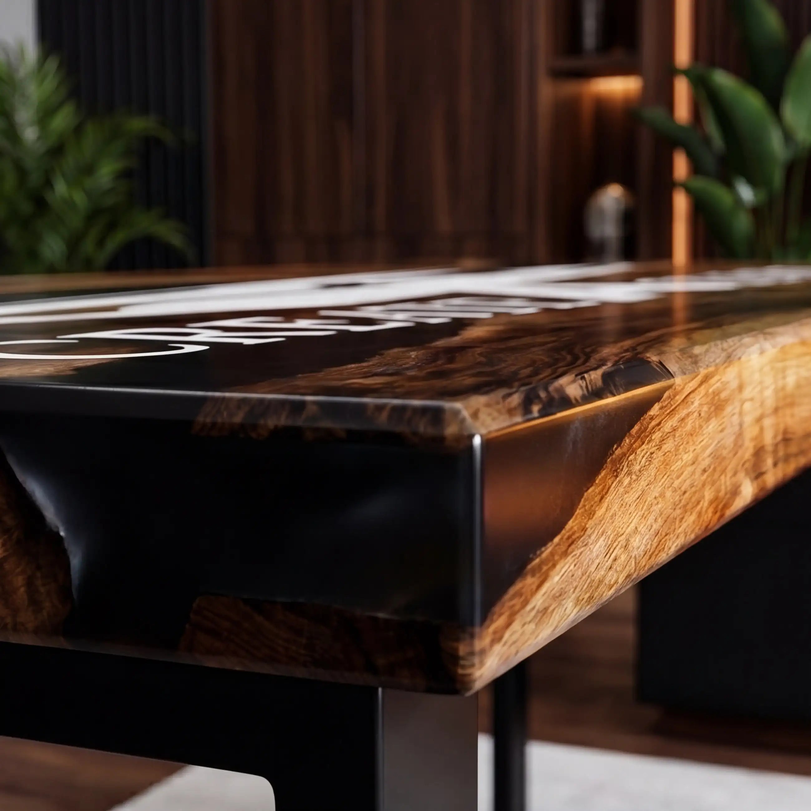 Custom Walnut and Black Resin “Executive Signature” Series Desk (With White Resin Inlay Logo) RD-41