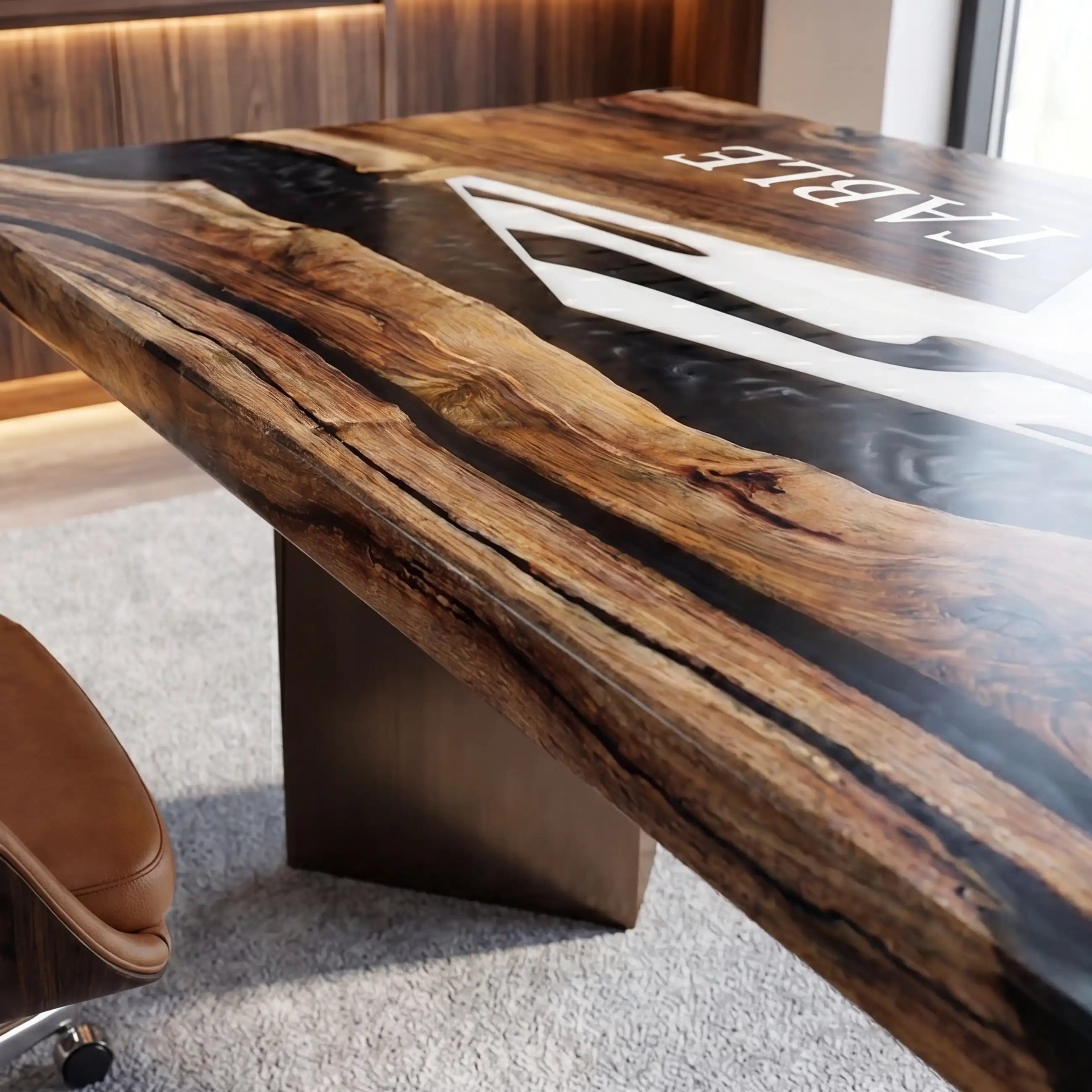 Custom Walnut and Black Resin “Executive Signature” Series Desk (With White Resin Inlay Logo) RD-41