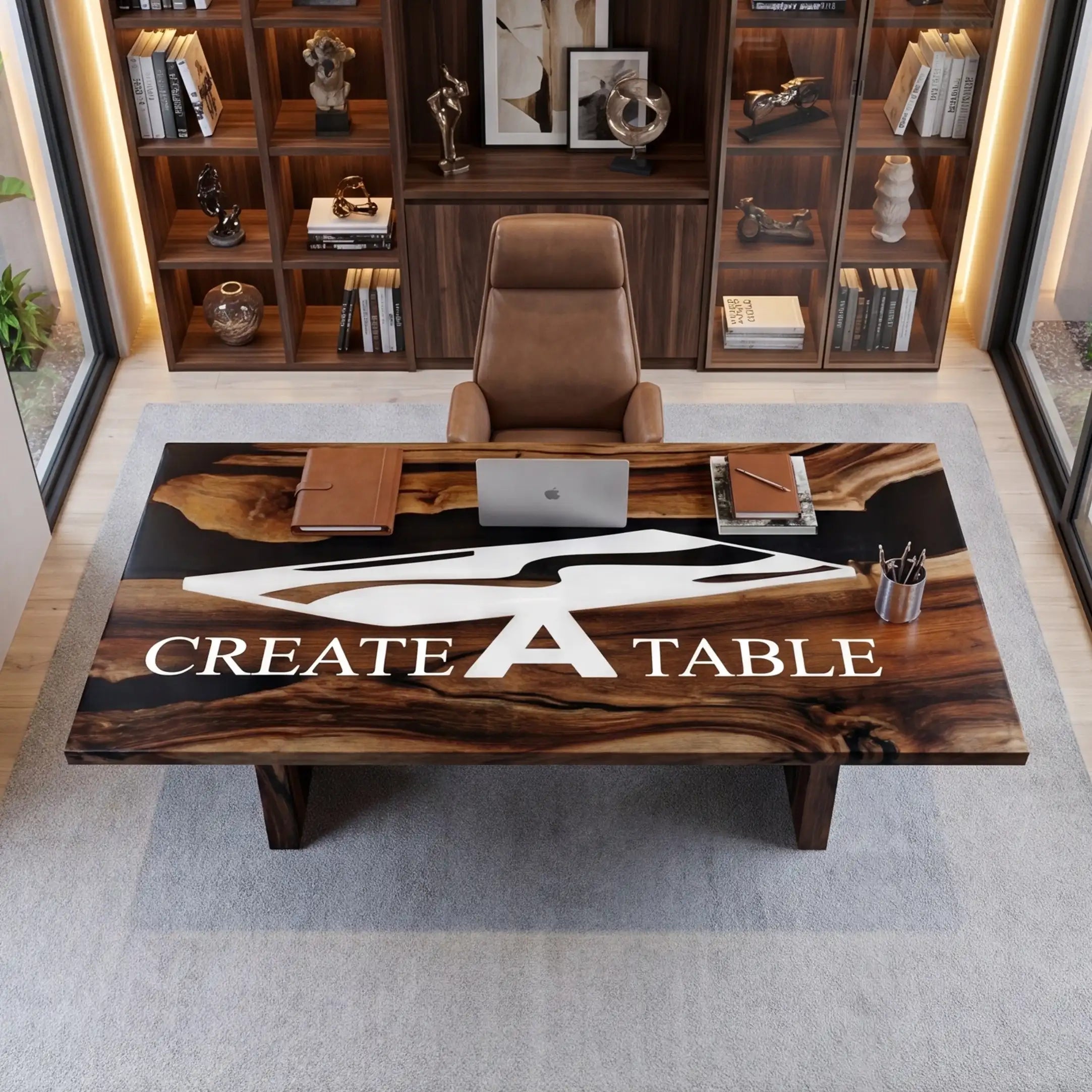 Custom Walnut and Black Resin “Executive Signature” Series Desk (With White Resin Inlay Logo) RD-41