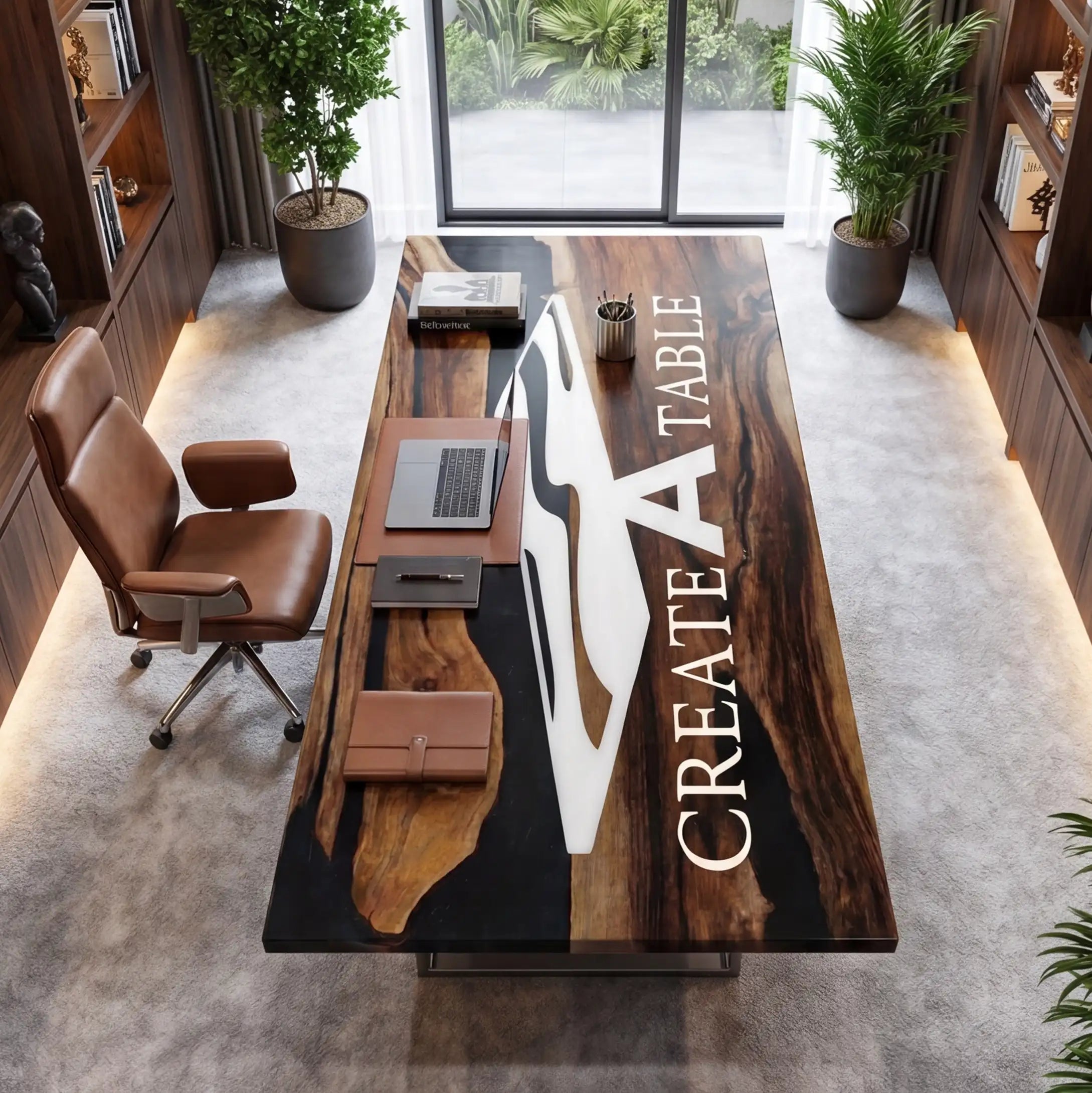 Custom Walnut and Black Resin “Executive Signature” Series Desk (With White Resin Inlay Logo) RD-41