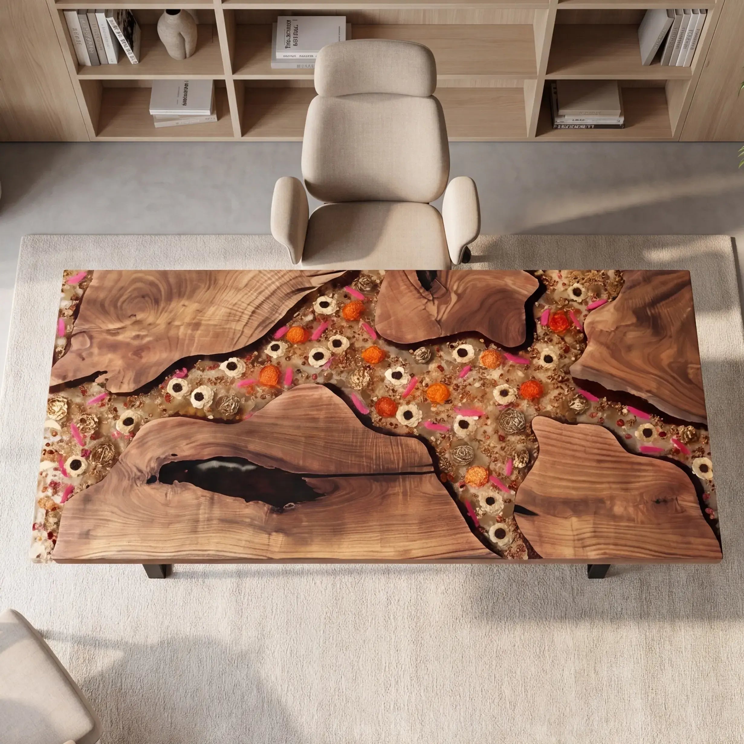 Custom Walnut and Clear Floral Resin “Botanica” Series Desk RD-11