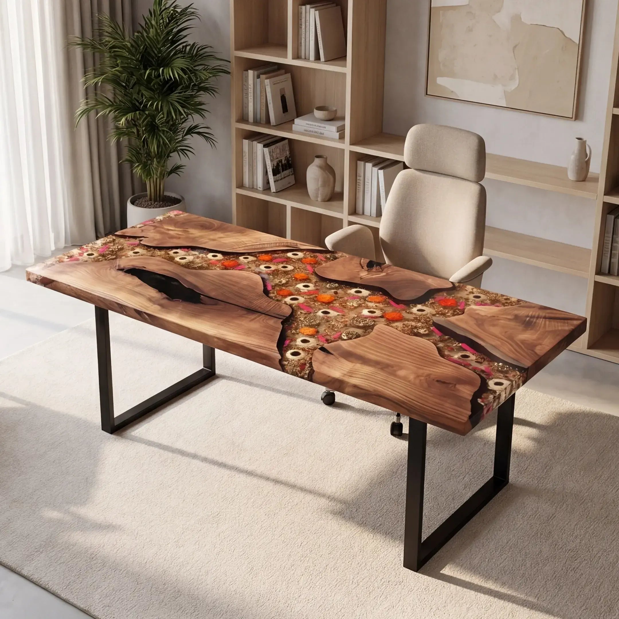 Custom Walnut and Clear Floral Resin “Botanica” Series Desk RD-11