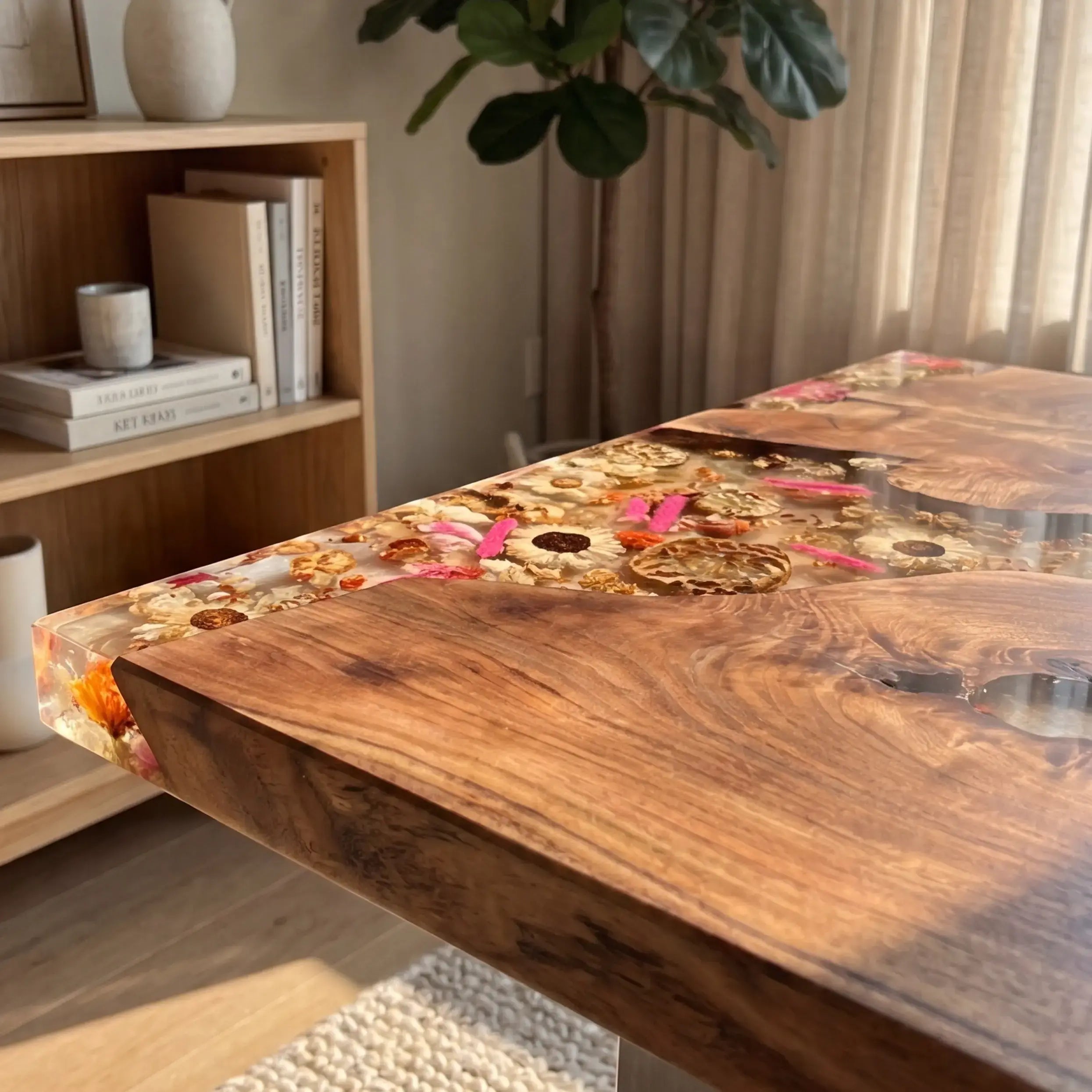 Custom Walnut and Clear Floral Resin “Botanica” Series Desk RD-11