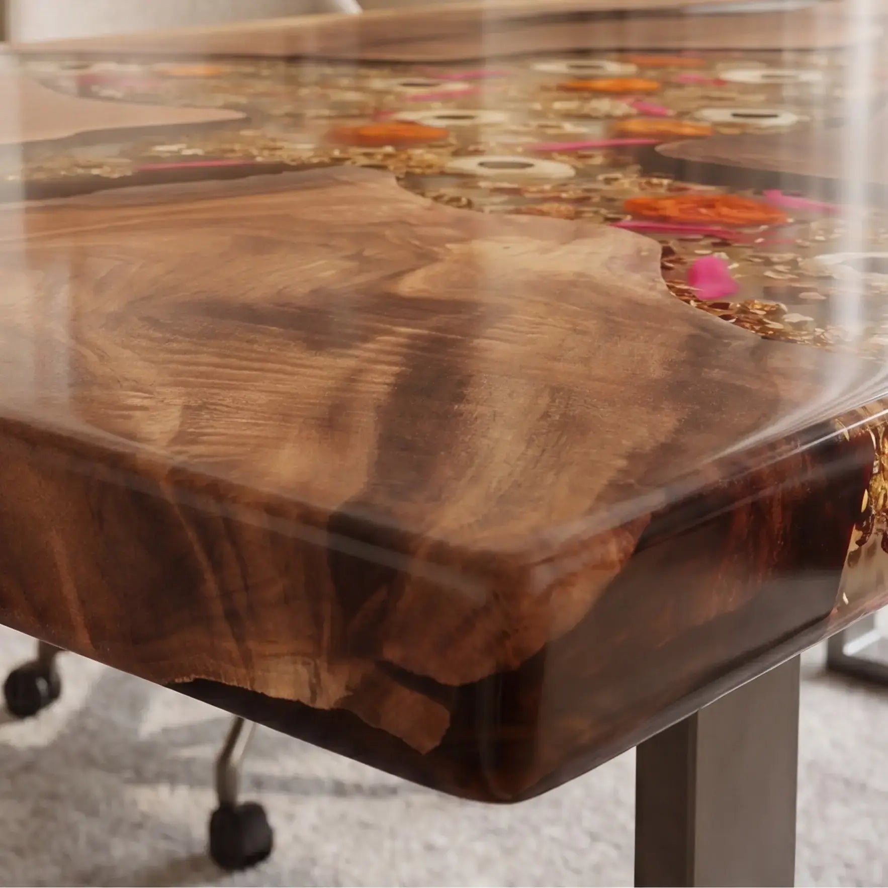 Custom Walnut and Clear Floral Resin “Botanica” Series Desk RD-11