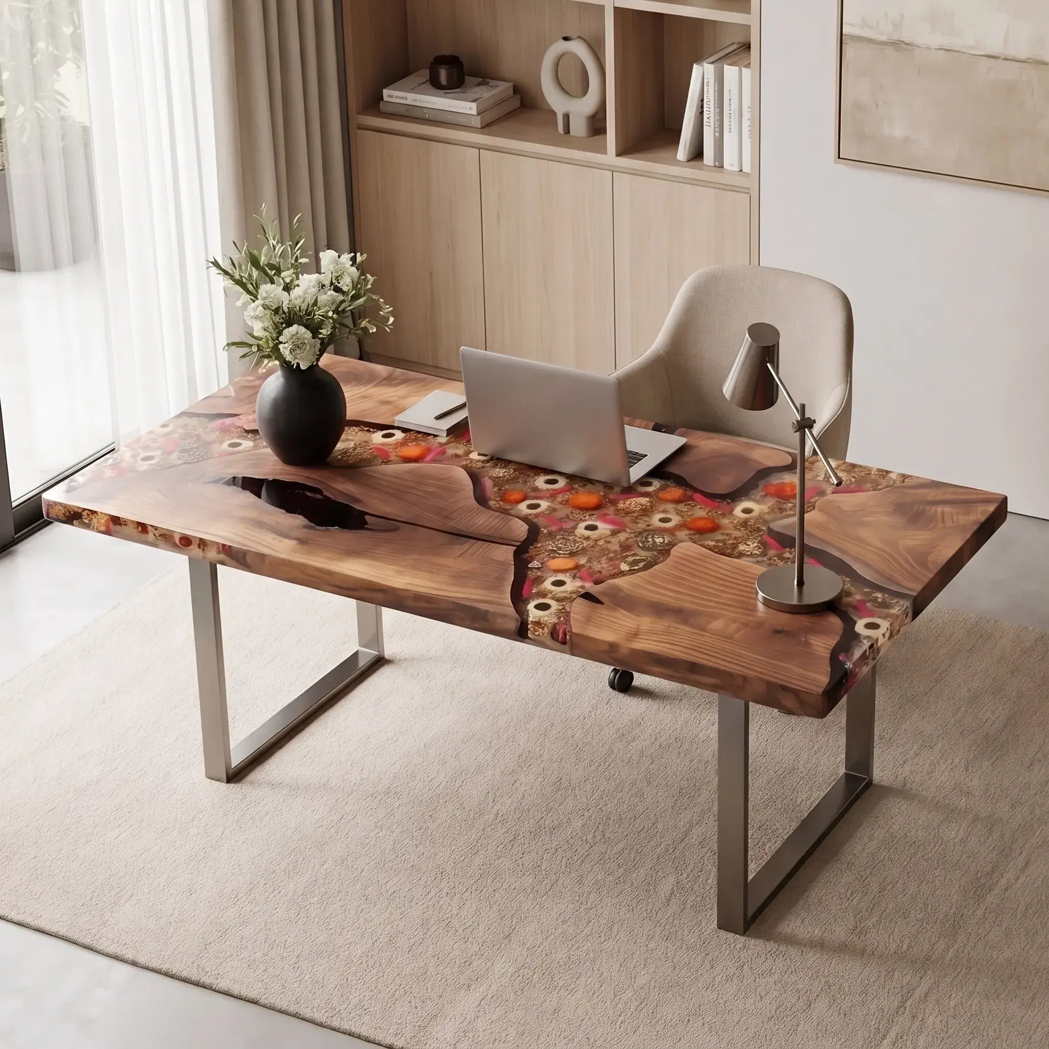Custom Walnut and Clear Floral Resin “Botanica” Series Desk RD-11