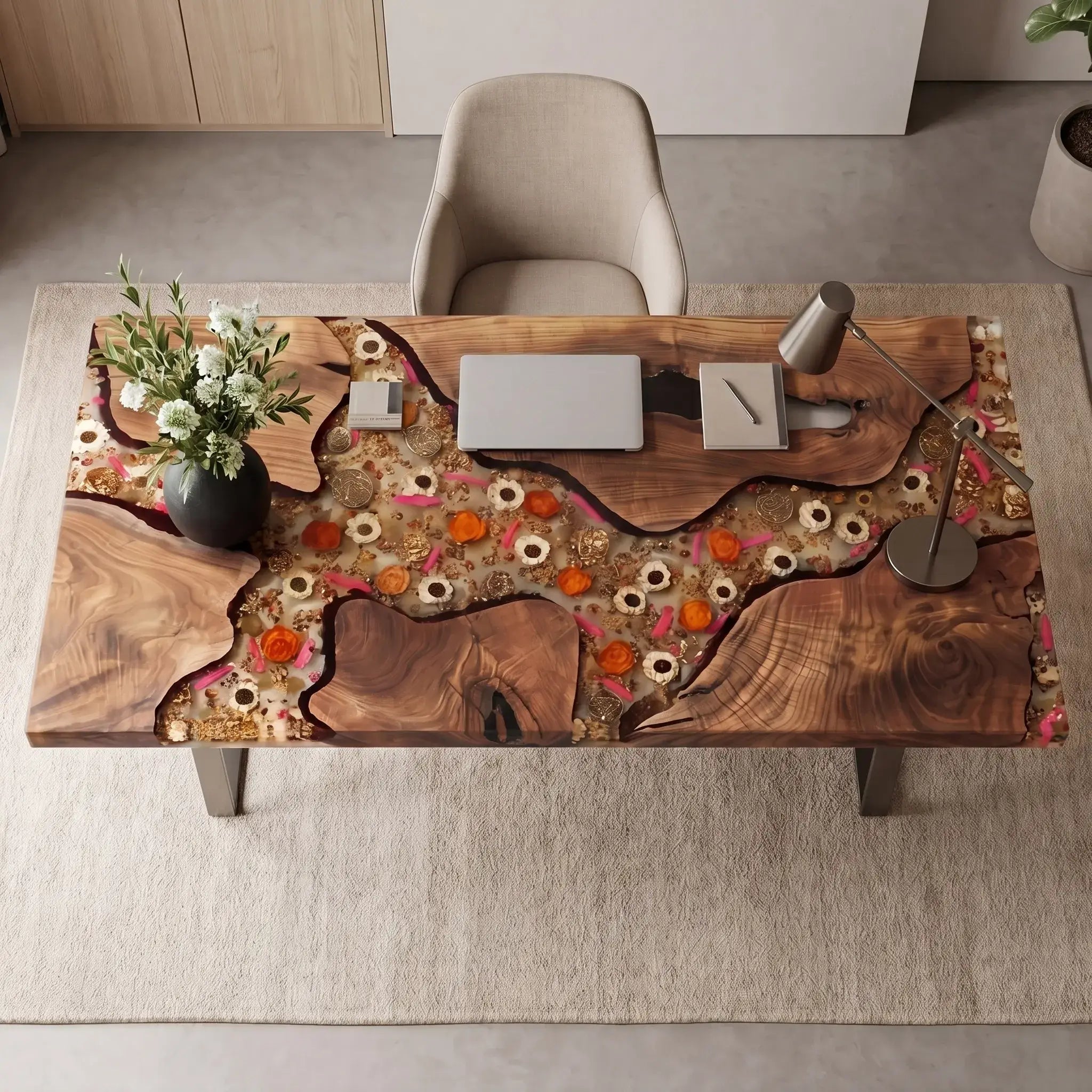 Custom Walnut and Clear Floral Resin “Botanica” Series Desk RD-11