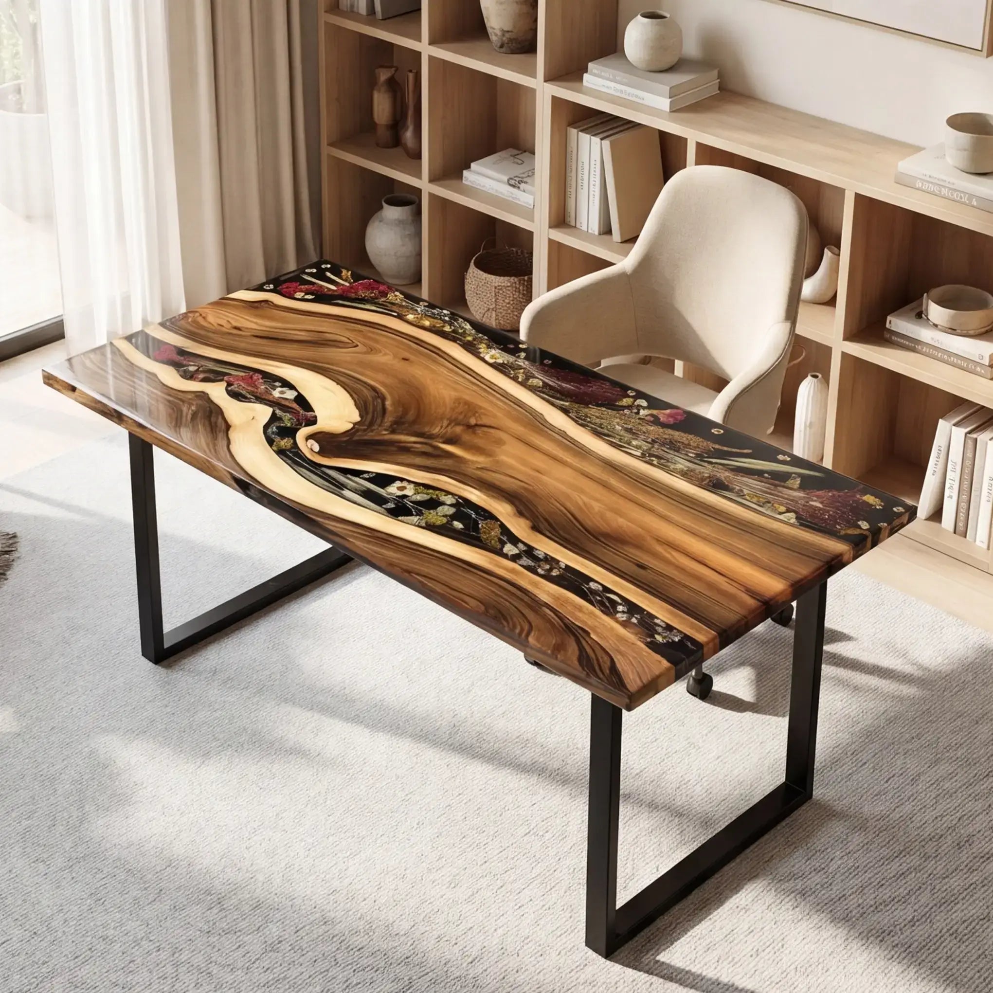 Custom Walnut and Dark Floral Resin “Midnight Botanica” Series Desk RD-27