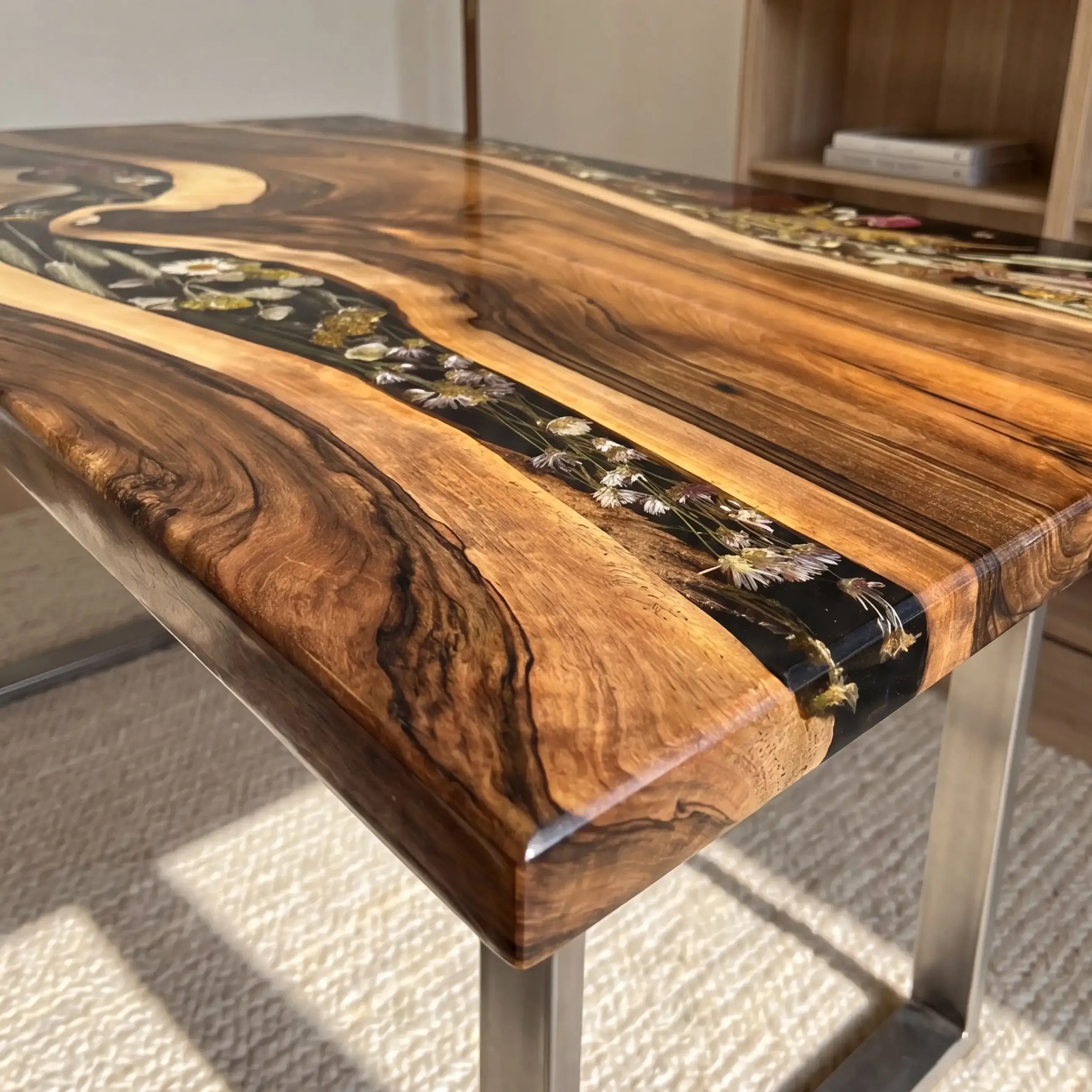 Custom Walnut and Dark Floral Resin “Midnight Botanica” Series Desk RD-27