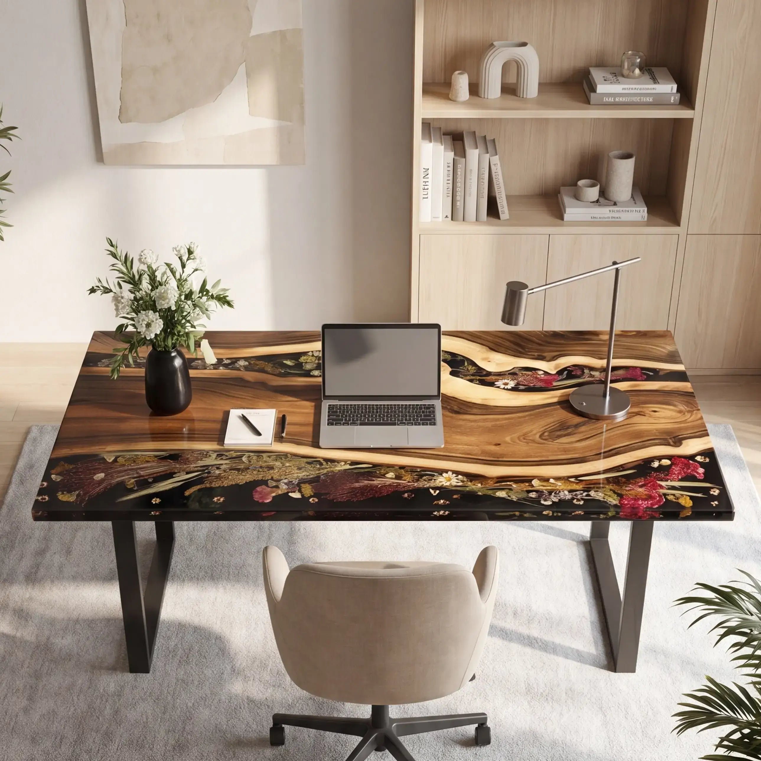 Custom Walnut and Dark Floral Resin “Midnight Botanica” Series Desk RD-27