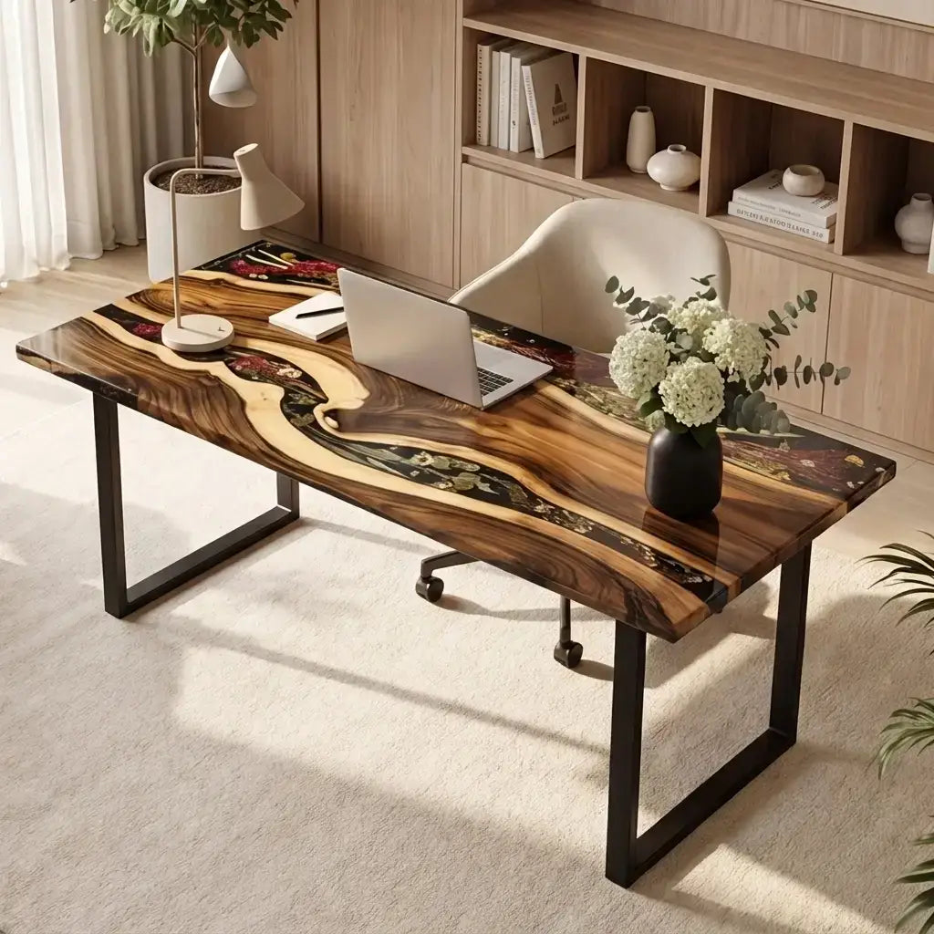 Custom Walnut and Dark Floral Resin “Midnight Botanica” Series Desk RD-27
