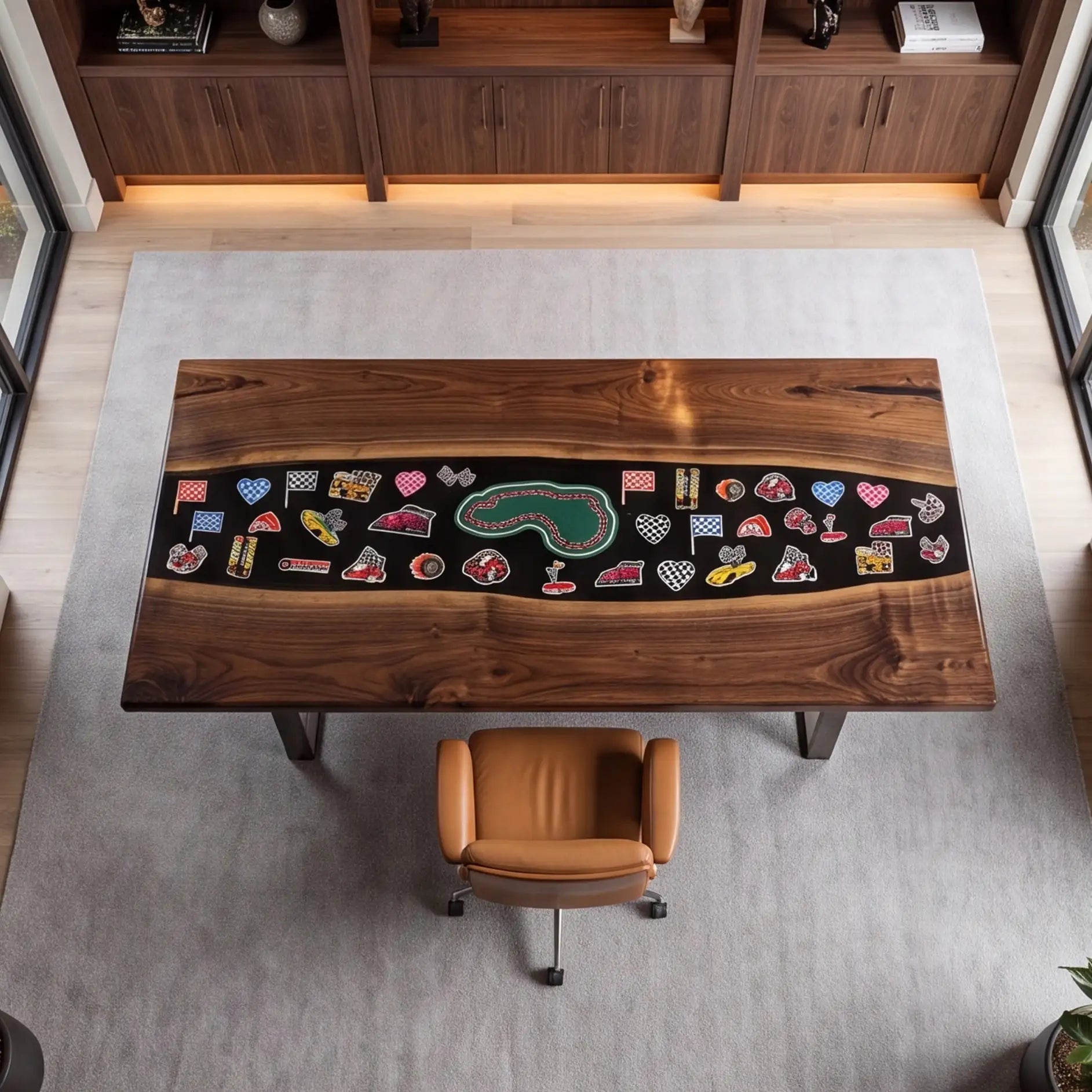 Custom Walnut and Embedded Motorsport Theme Resin “Grand Prix” Series Desk RD-37