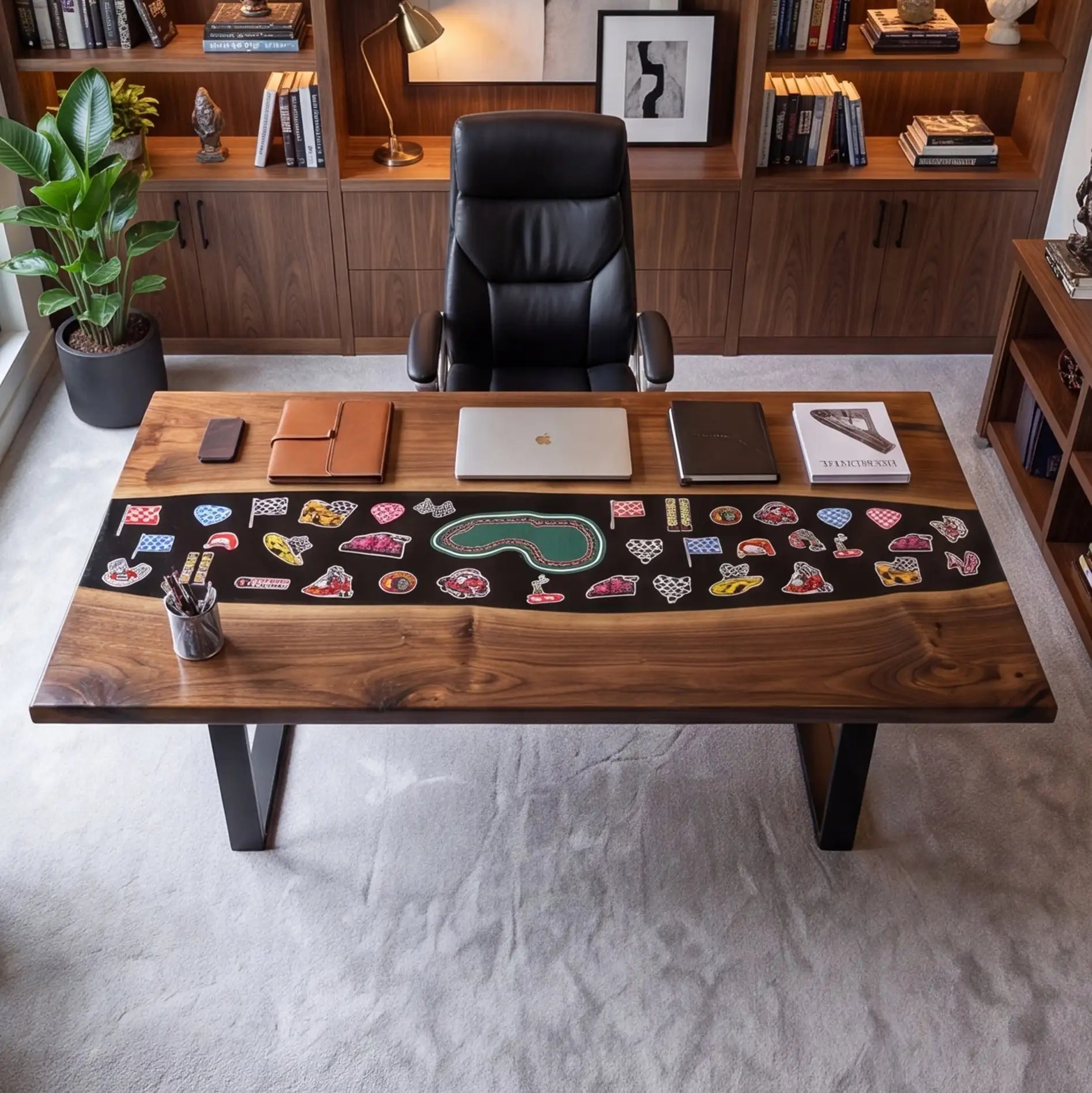 Custom Walnut and Embedded Motorsport Theme Resin “Grand Prix” Series Desk RD-37