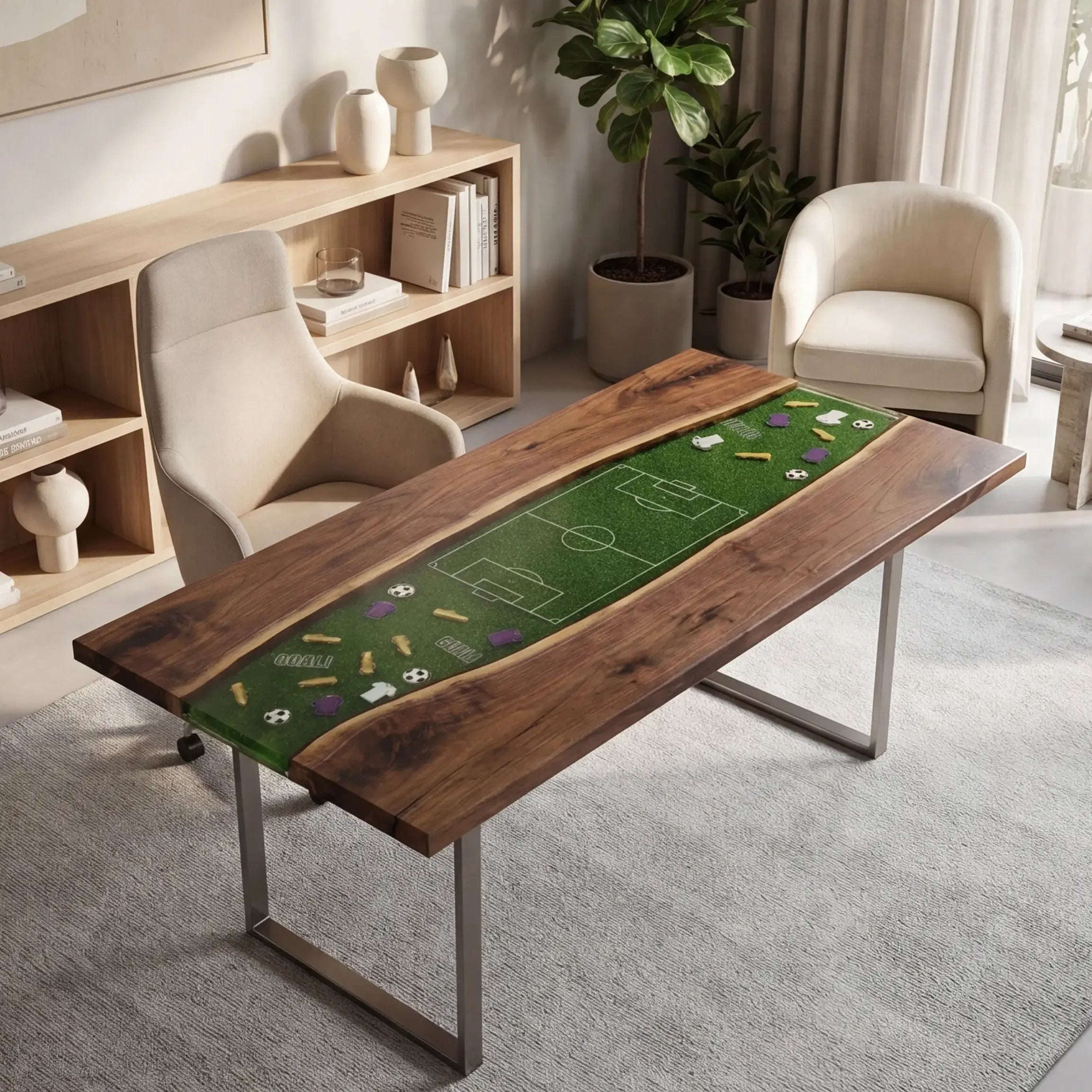Custom Walnut and Embedded Soccer Field Resin “Stadium” Series Desk RD-17