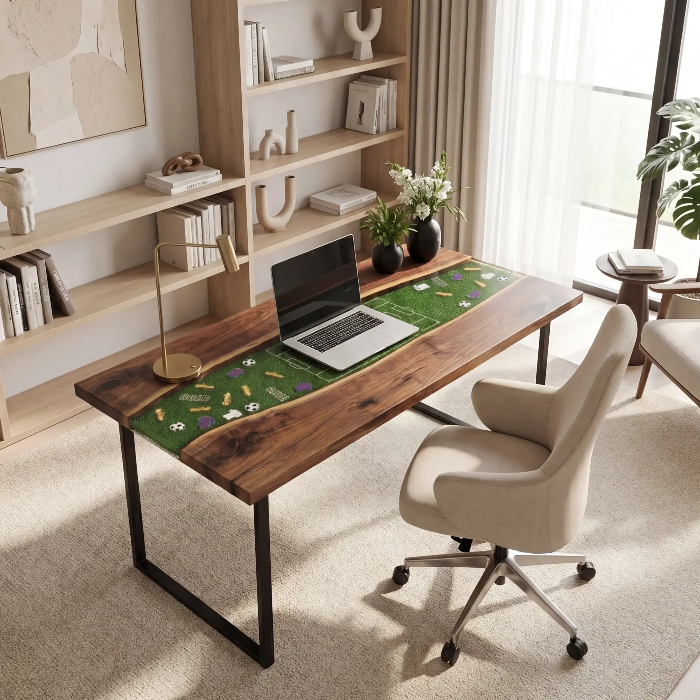 Custom Walnut and Embedded Soccer Field Resin “Stadium” Series Desk RD-17