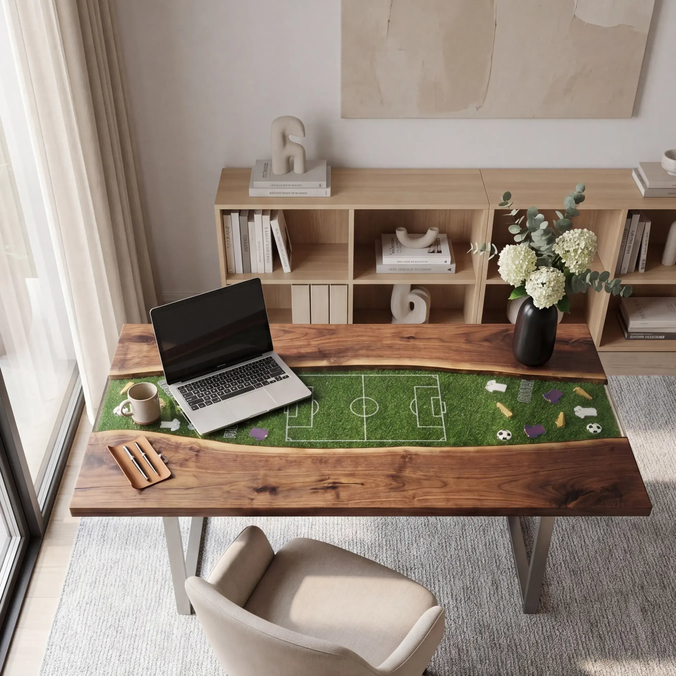 Custom Walnut and Embedded Soccer Field Resin “Stadium” Series Desk RD-17