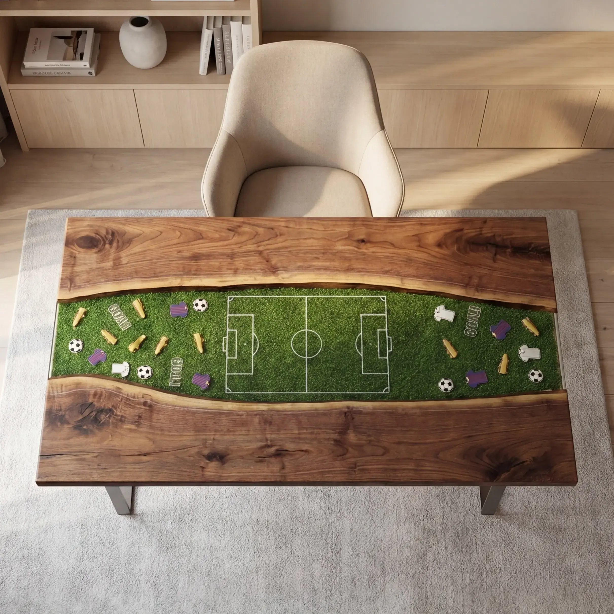 Custom Walnut and Embedded Soccer Field Resin “Stadium” Series Desk RD-17