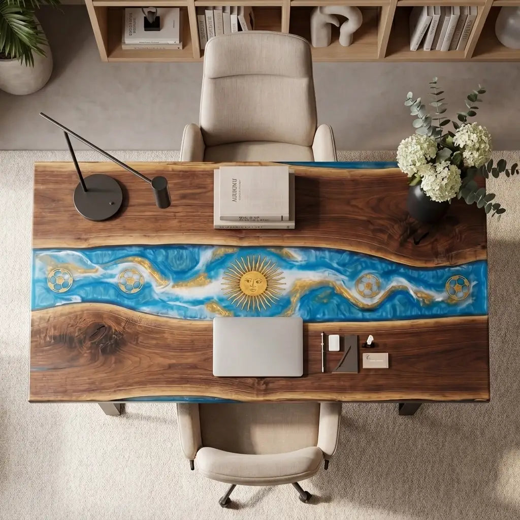 Custom Walnut and Embedded Sports Theme Resin “Heritage” Series Desk - Argentina Edition RD-21