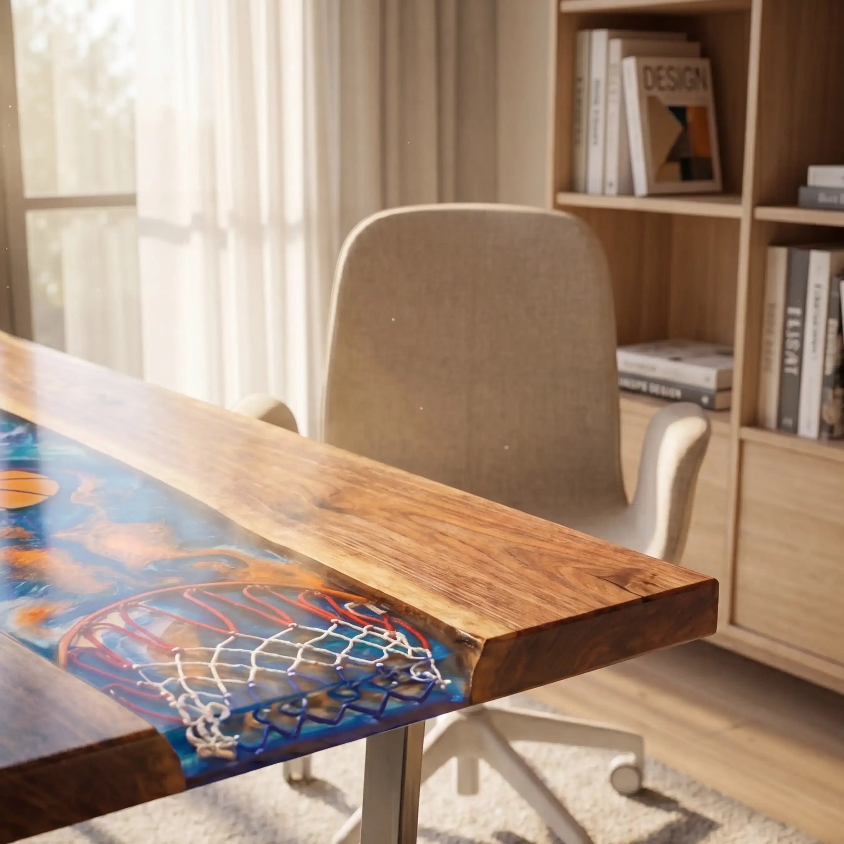 Custom Walnut and Embedded Sports Theme Resin “Heritage” Series Desk - Basketball Edition RD-22