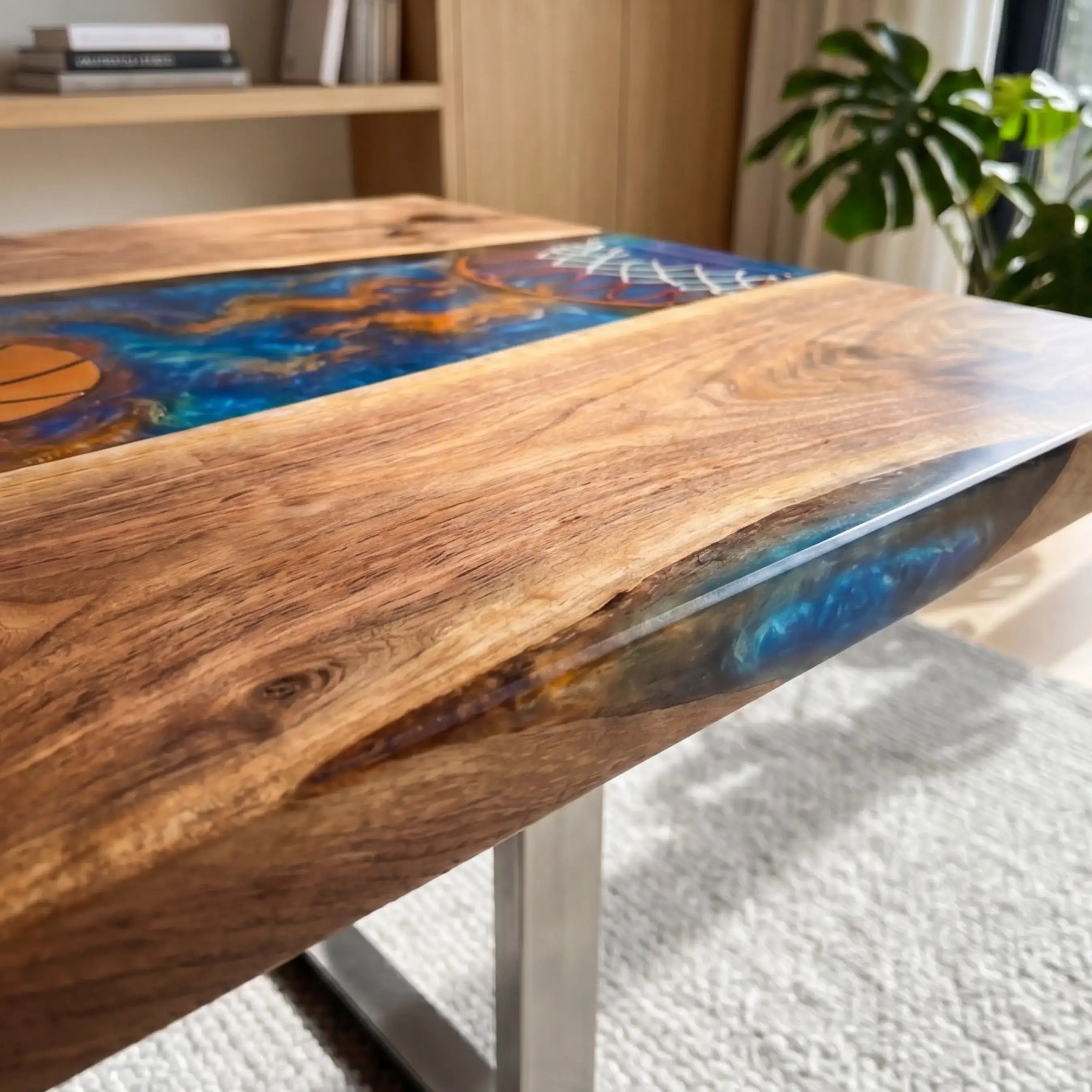 Custom Walnut and Embedded Sports Theme Resin “Heritage” Series Desk - Basketball Edition RD-22