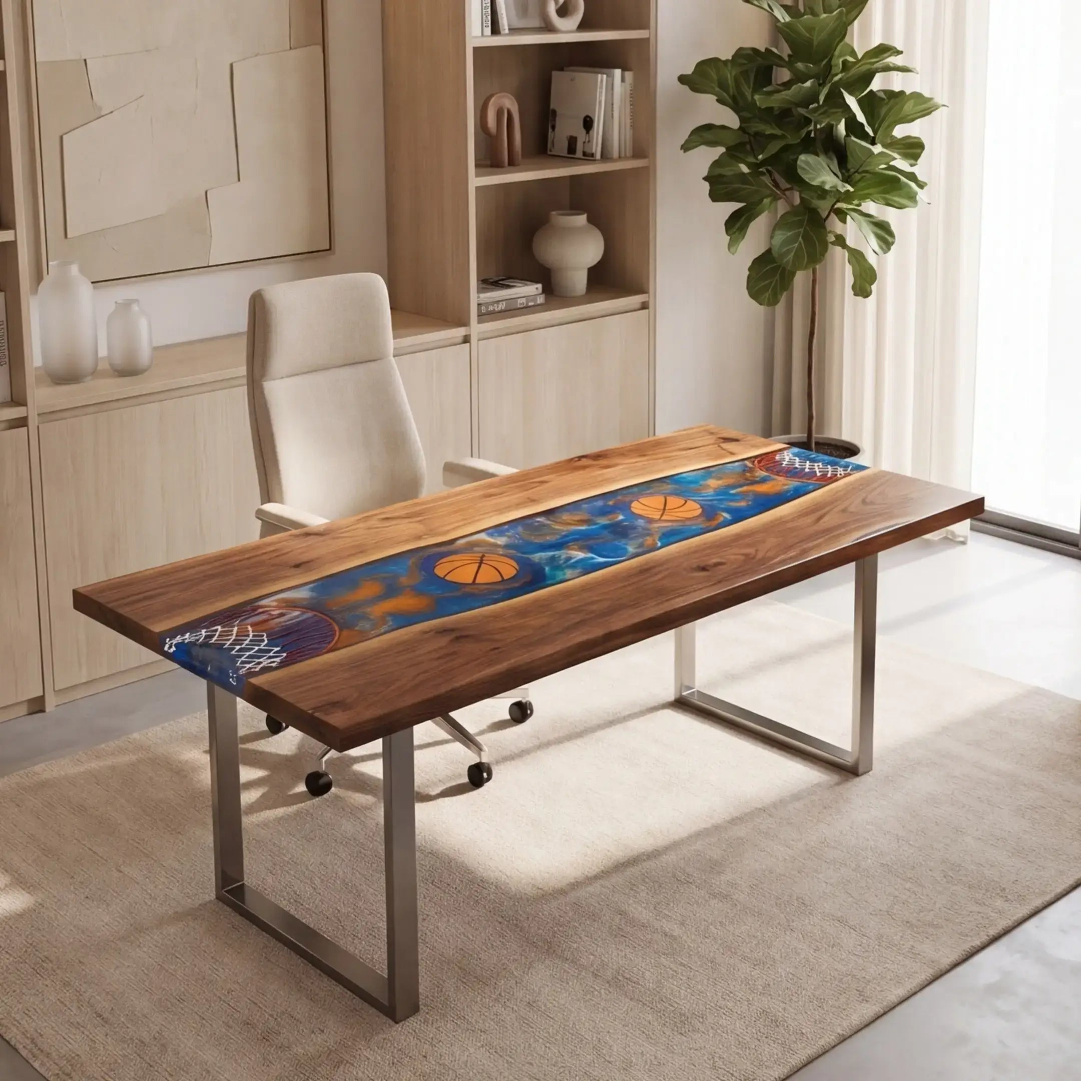 Custom Walnut and Embedded Sports Theme Resin “Heritage” Series Desk - Basketball Edition RD-22