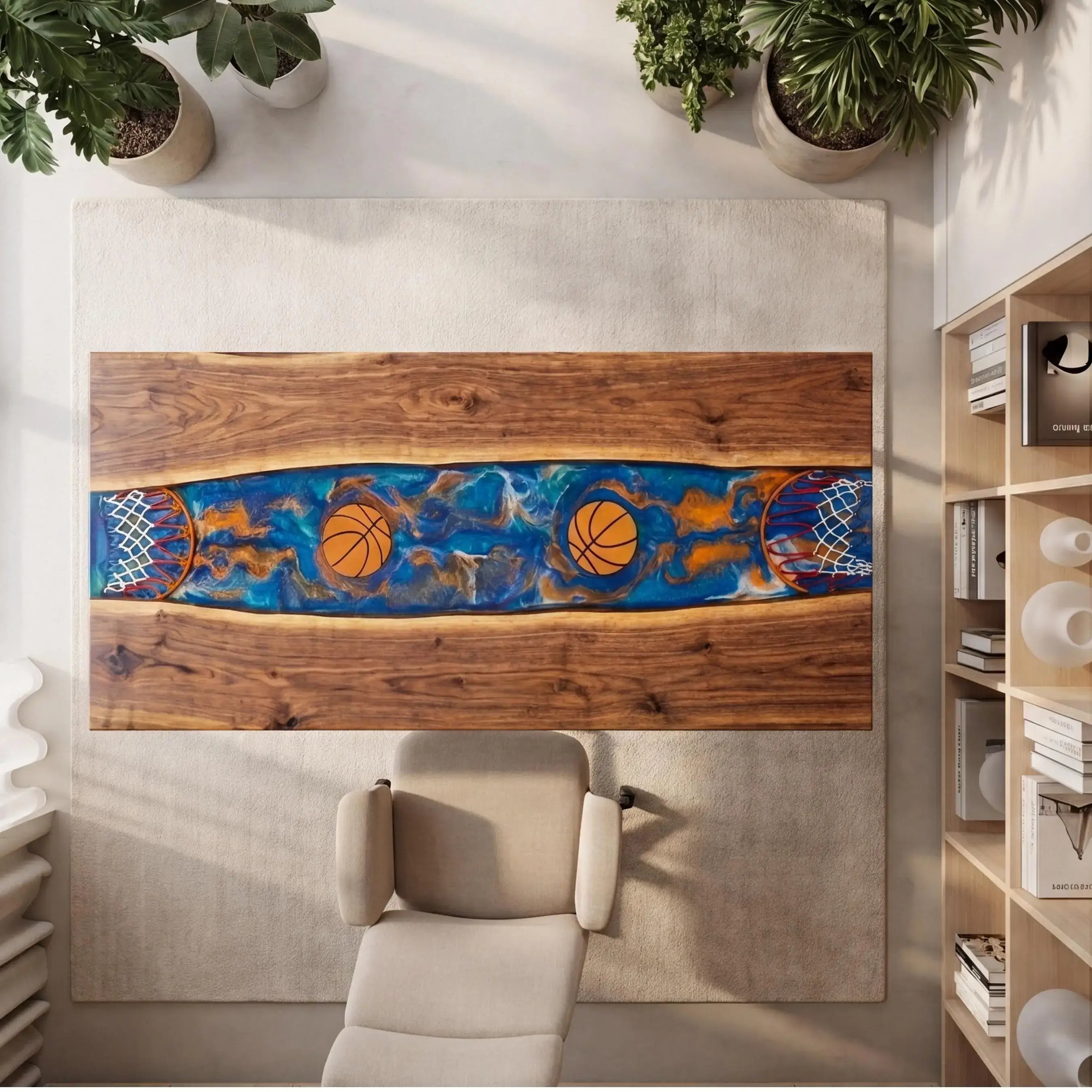 Custom Walnut and Embedded Sports Theme Resin “Heritage” Series Desk - Basketball Edition RD-22