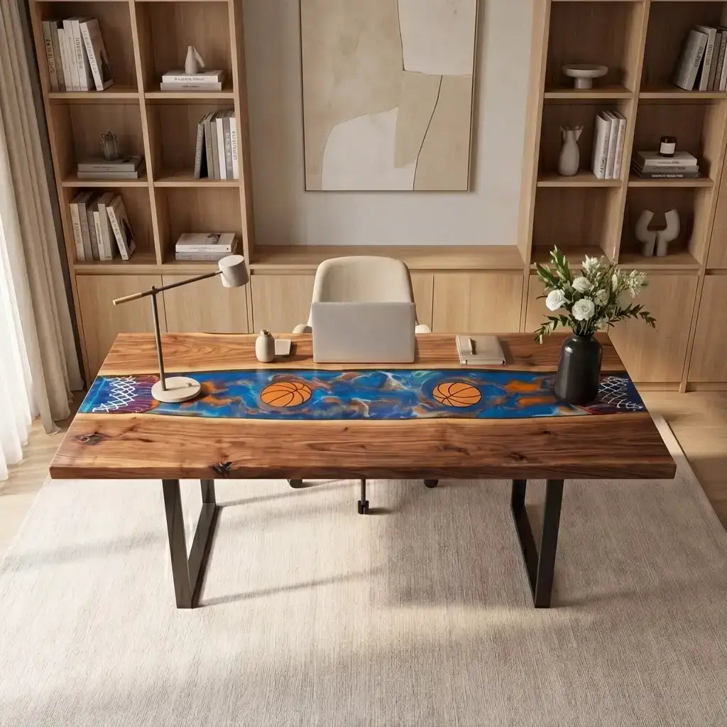 Custom Walnut and Embedded Sports Theme Resin “Heritage” Series Desk - Basketball Edition RD-22