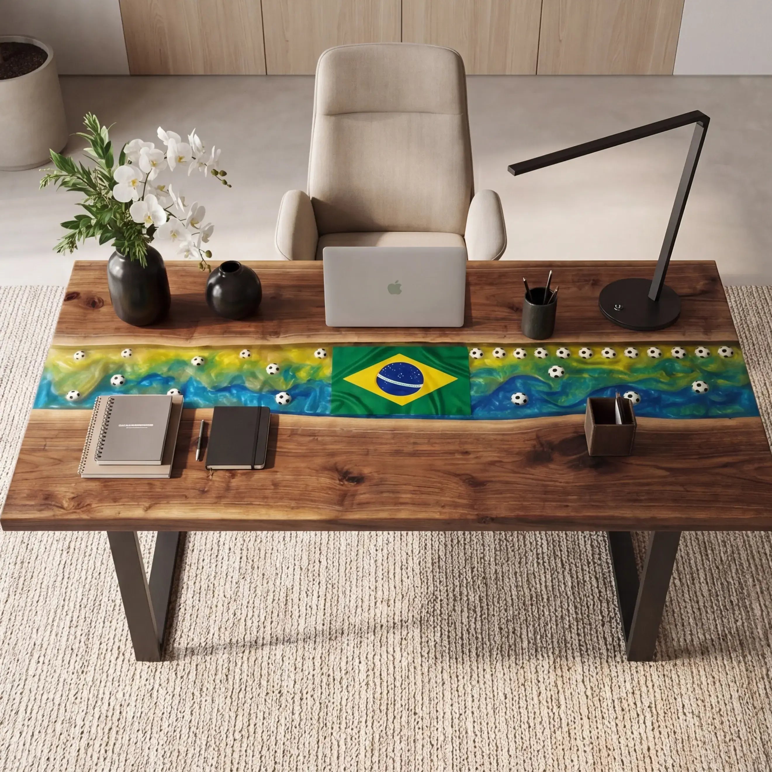 Custom Walnut and Embedded Sports Theme Resin “Heritage” Series Desk - Brazil Edition RD-19
