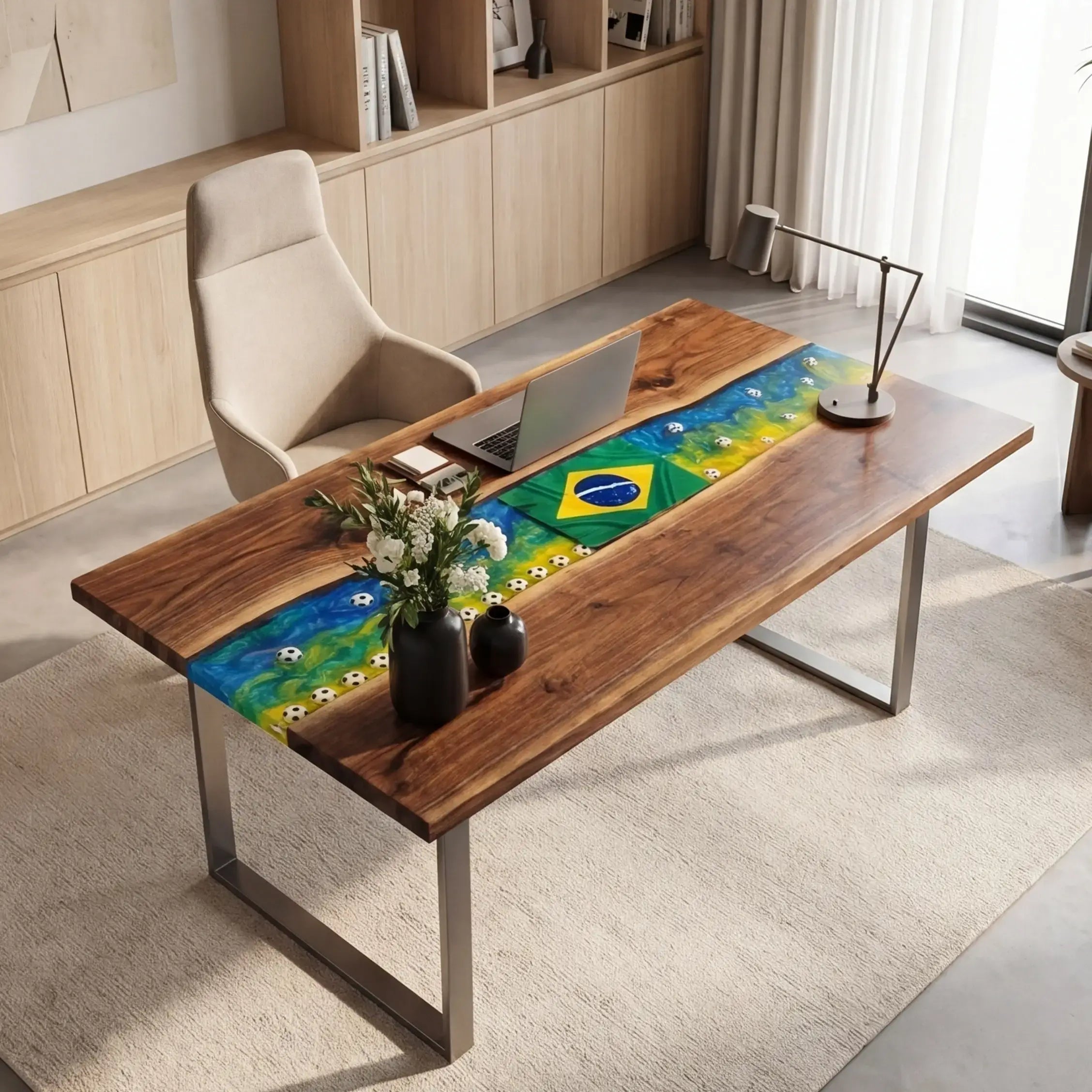 Custom Walnut and Embedded Sports Theme Resin “Heritage” Series Desk - Brazil Edition RD-19