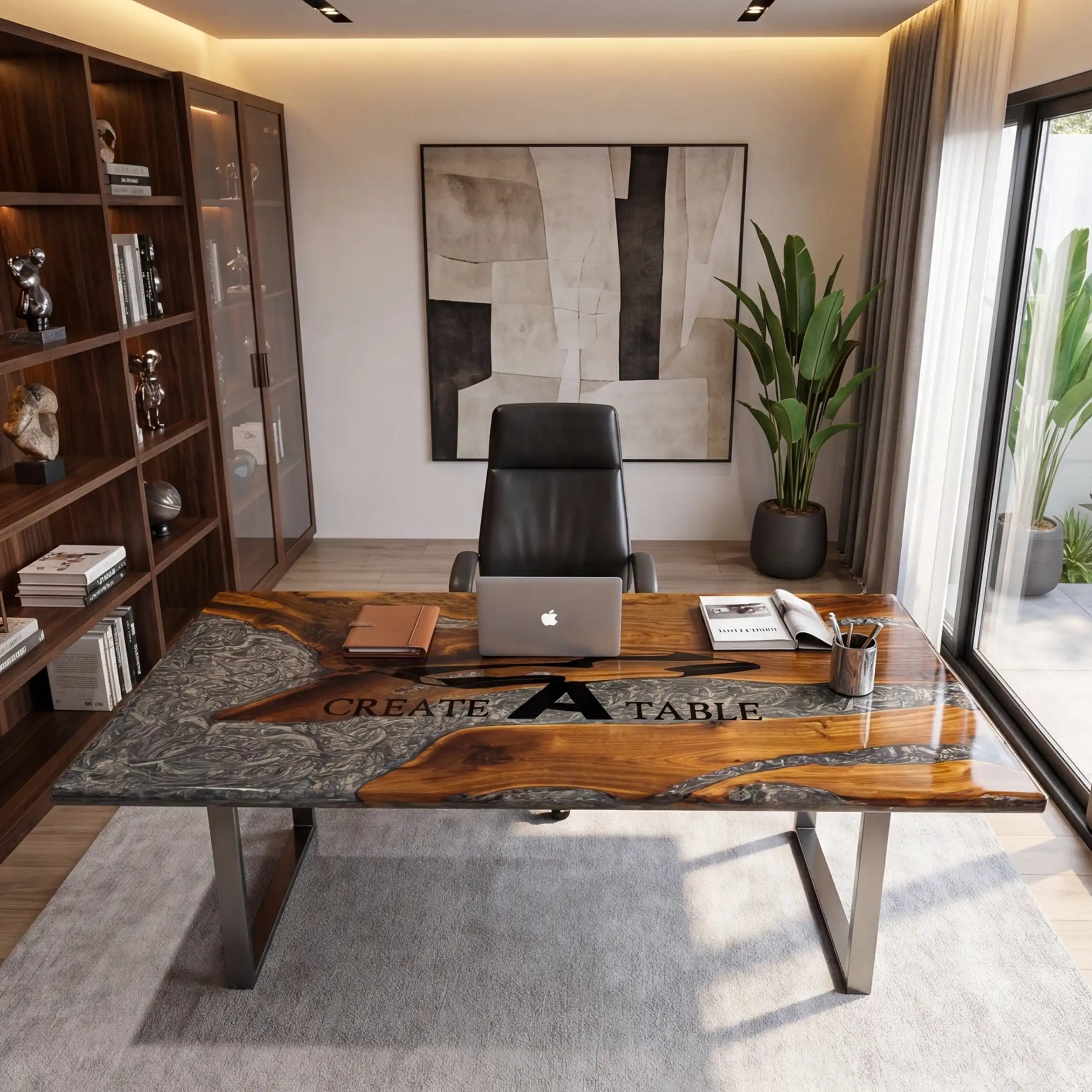 Custom Walnut and Metallic Grey Marble Resin “Executive Signature” Series Desk (With Black Resin Inlay Logo) RD-53
