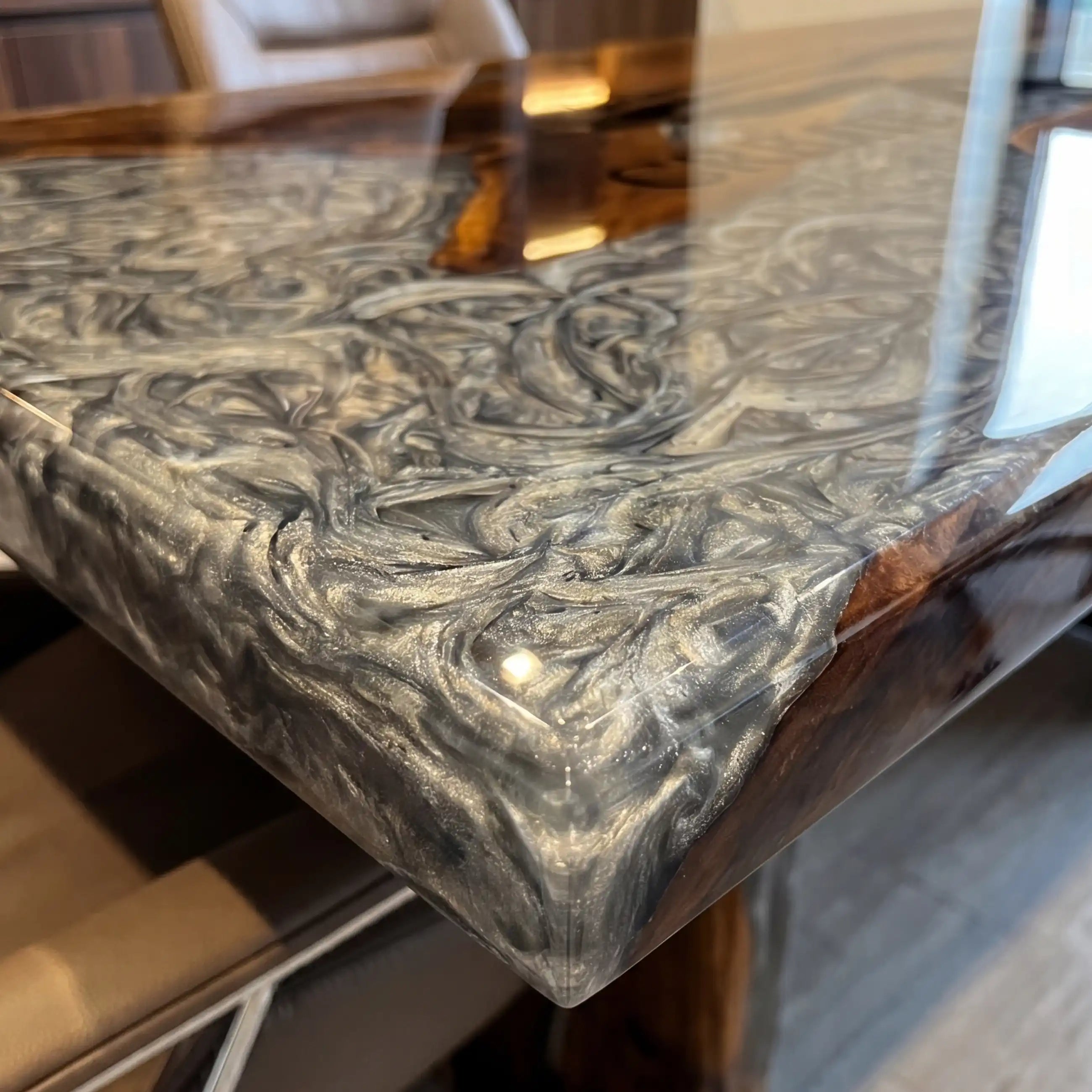 Custom Walnut and Metallic Grey Marble Resin “Executive Signature” Series Desk (With Black Resin Inlay Logo) RD-53