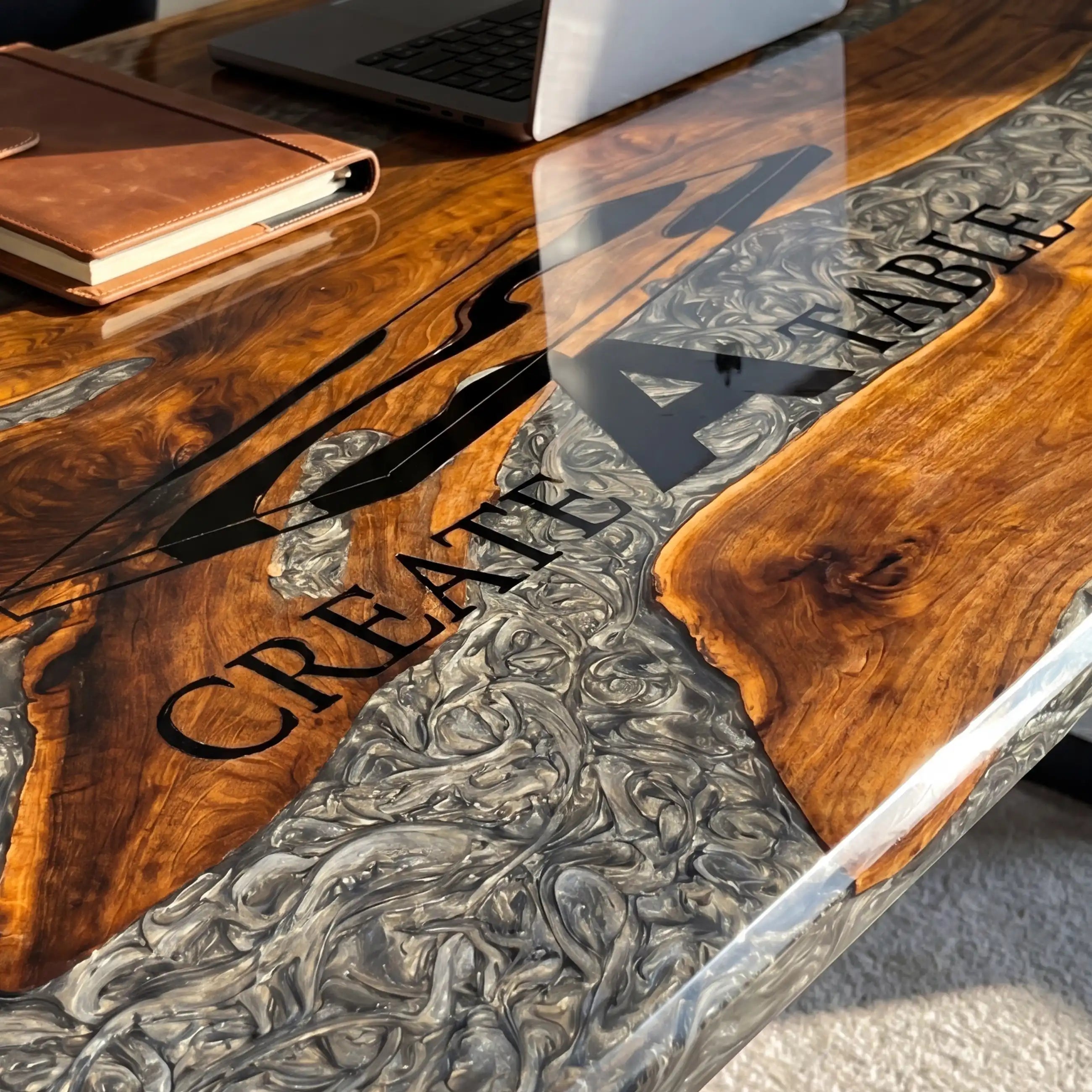 Custom Walnut and Metallic Grey Marble Resin “Executive Signature” Series Desk (With Black Resin Inlay Logo) RD-53