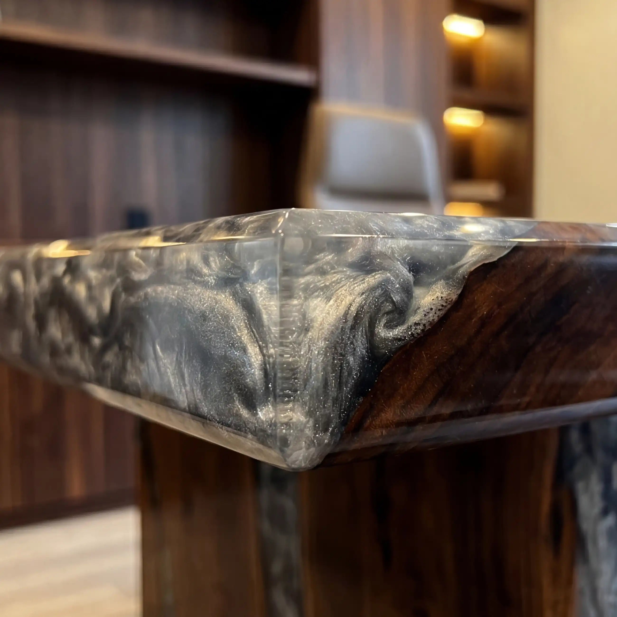 Custom Walnut and Metallic Grey Marble Resin “Executive Signature” Series Desk (With Black Resin Inlay Logo) RD-53