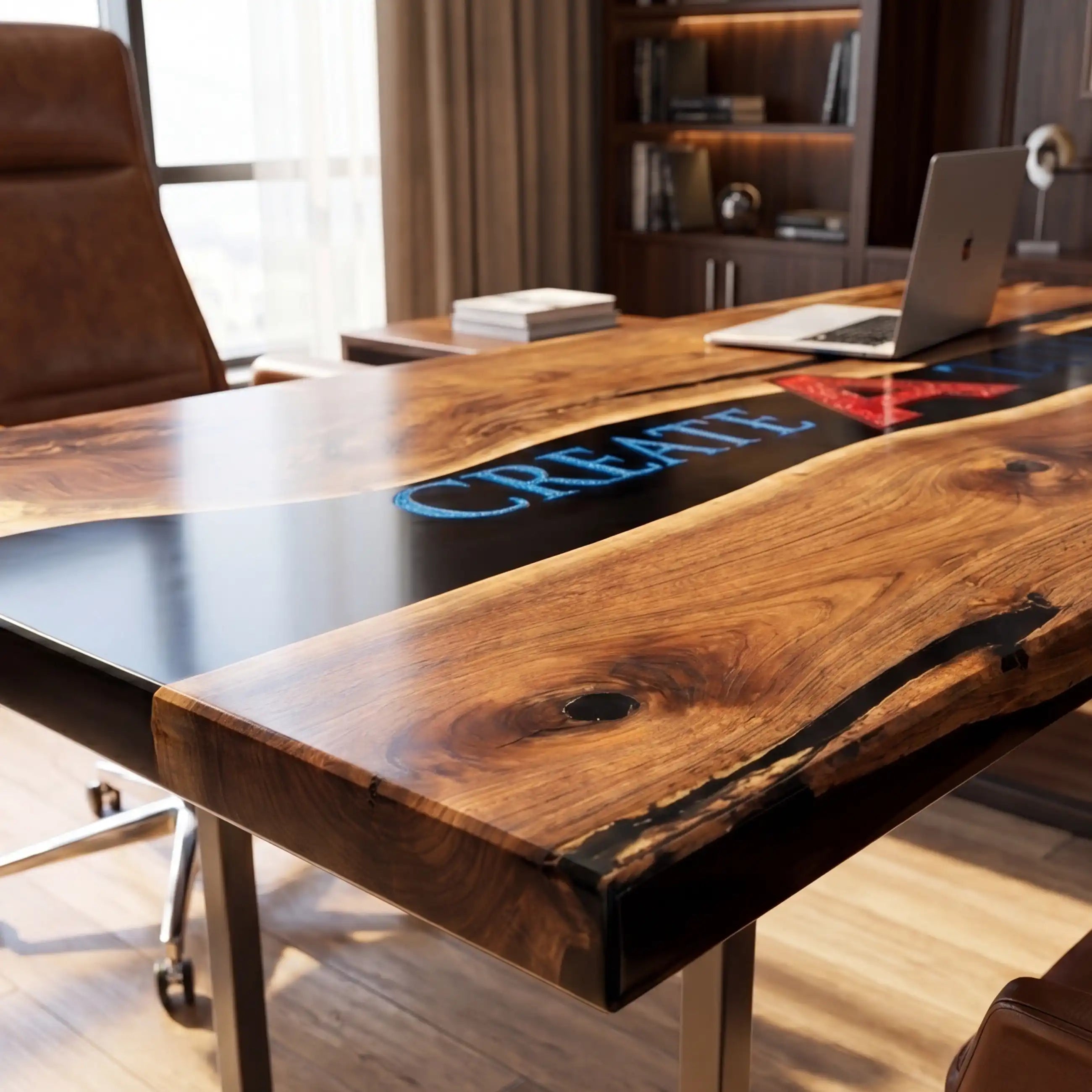 Custom Walnut and Midnight Blue Resin “Executive Signature” Series Desk (With Multi-Color Resin Inlay Logo) RD-52
