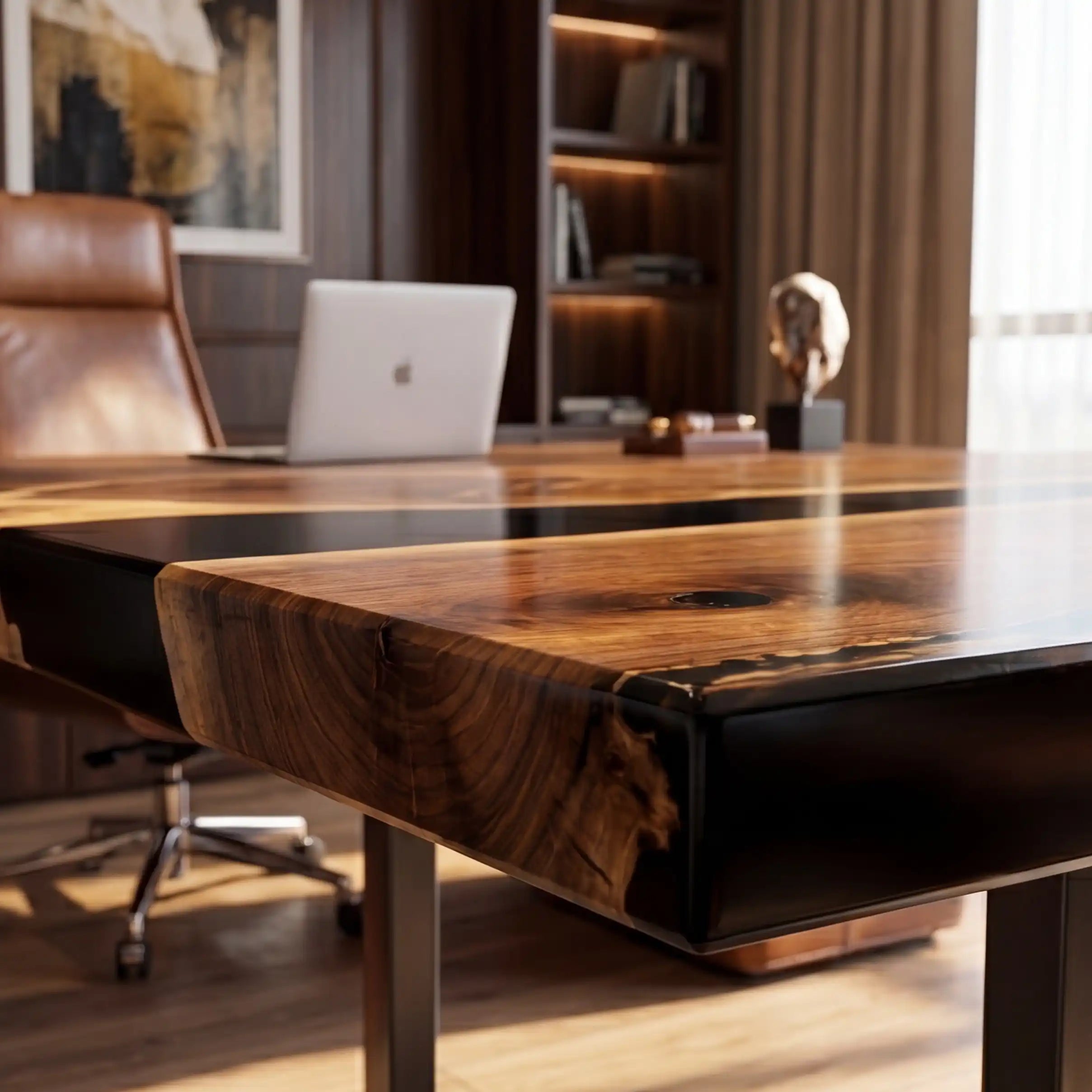 Custom Walnut and Midnight Blue Resin “Executive Signature” Series Desk (With Multi-Color Resin Inlay Logo) RD-52