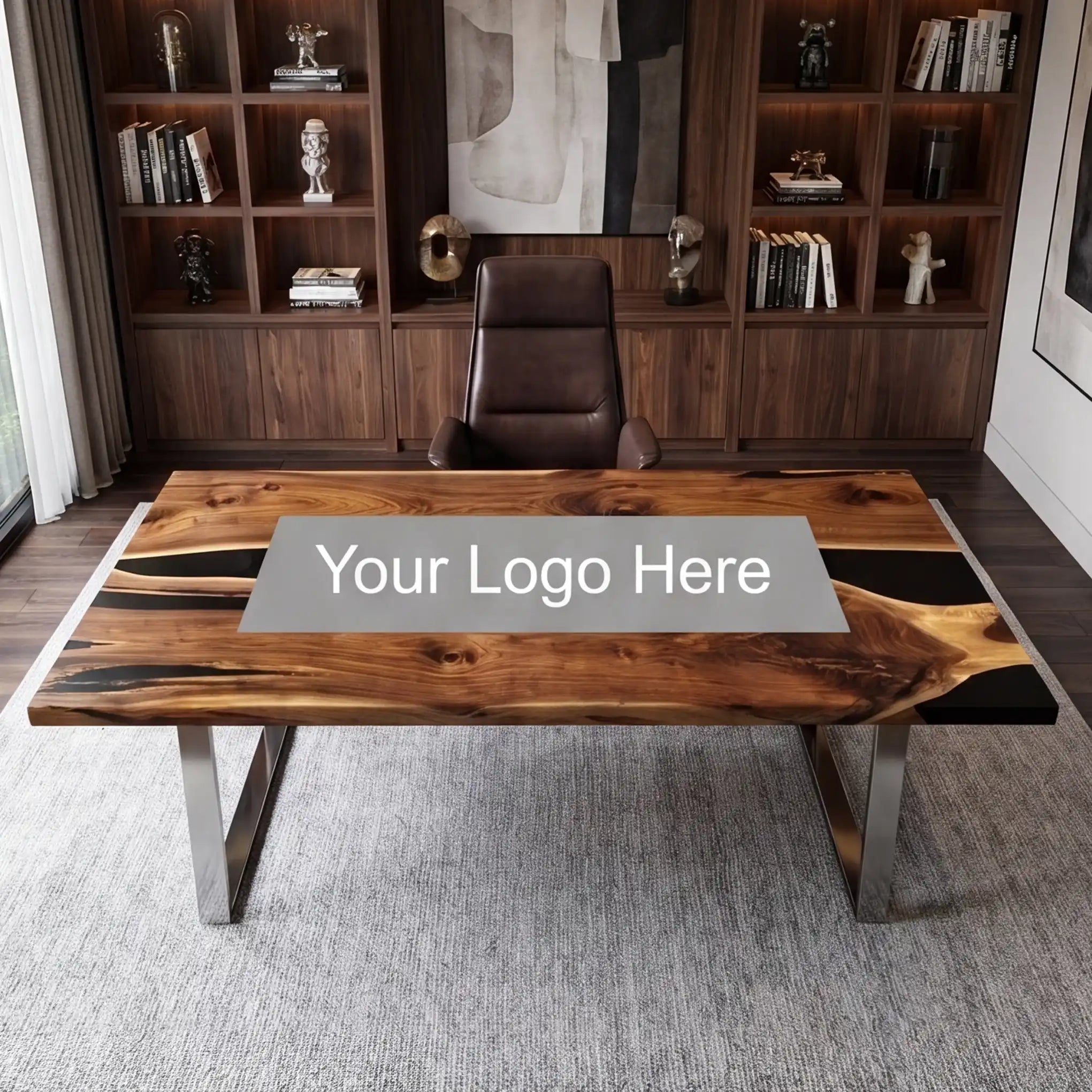 Custom Walnut and Midnight Blue Resin “Executive Signature” Series Desk (With Multi-Color Resin Inlay Logo) RD-52