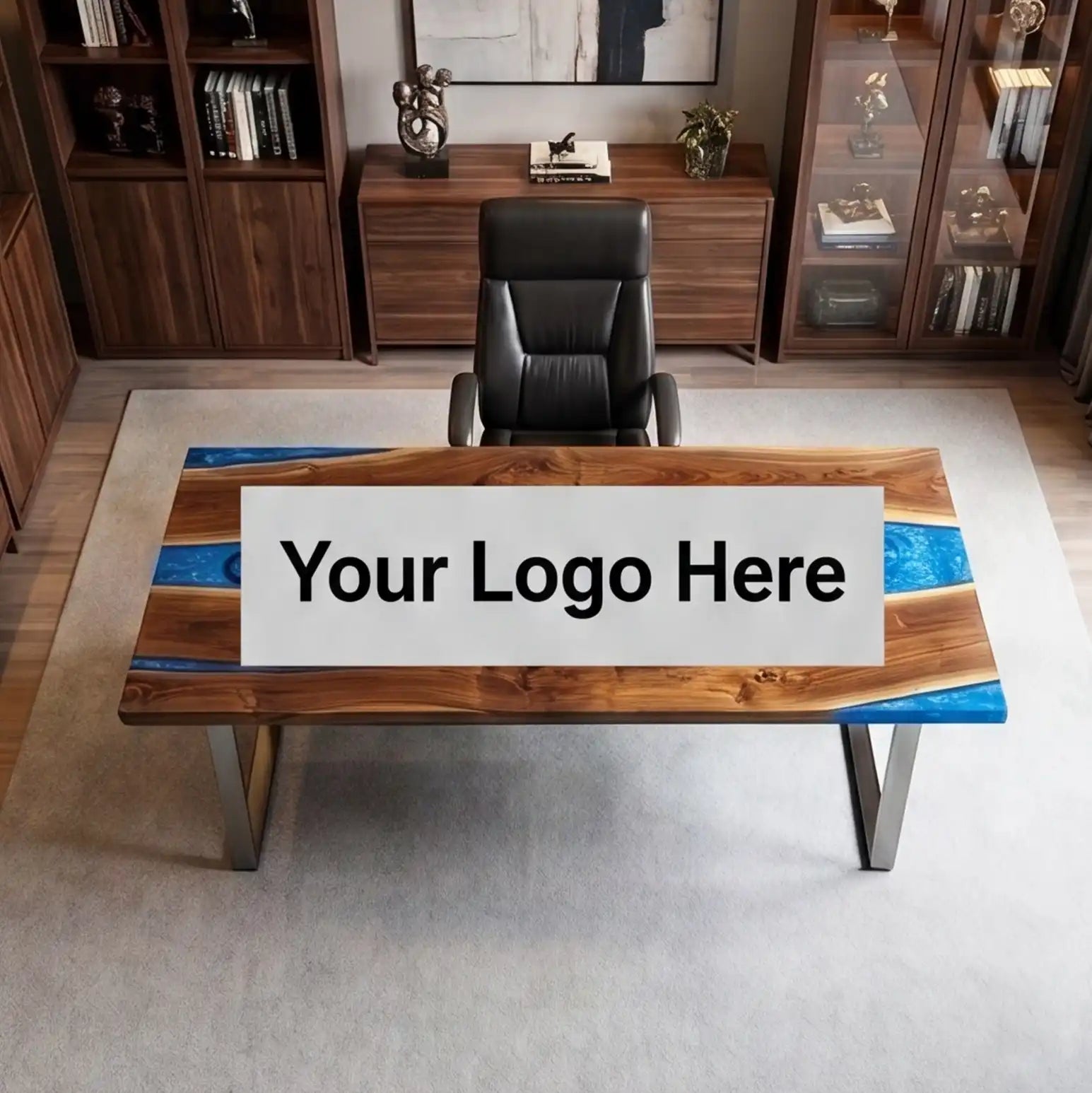 Custom Walnut and Sapphire Blue Resin “Executive Signature” Series Desk (With Black Resin Inlay Logo) RD-47