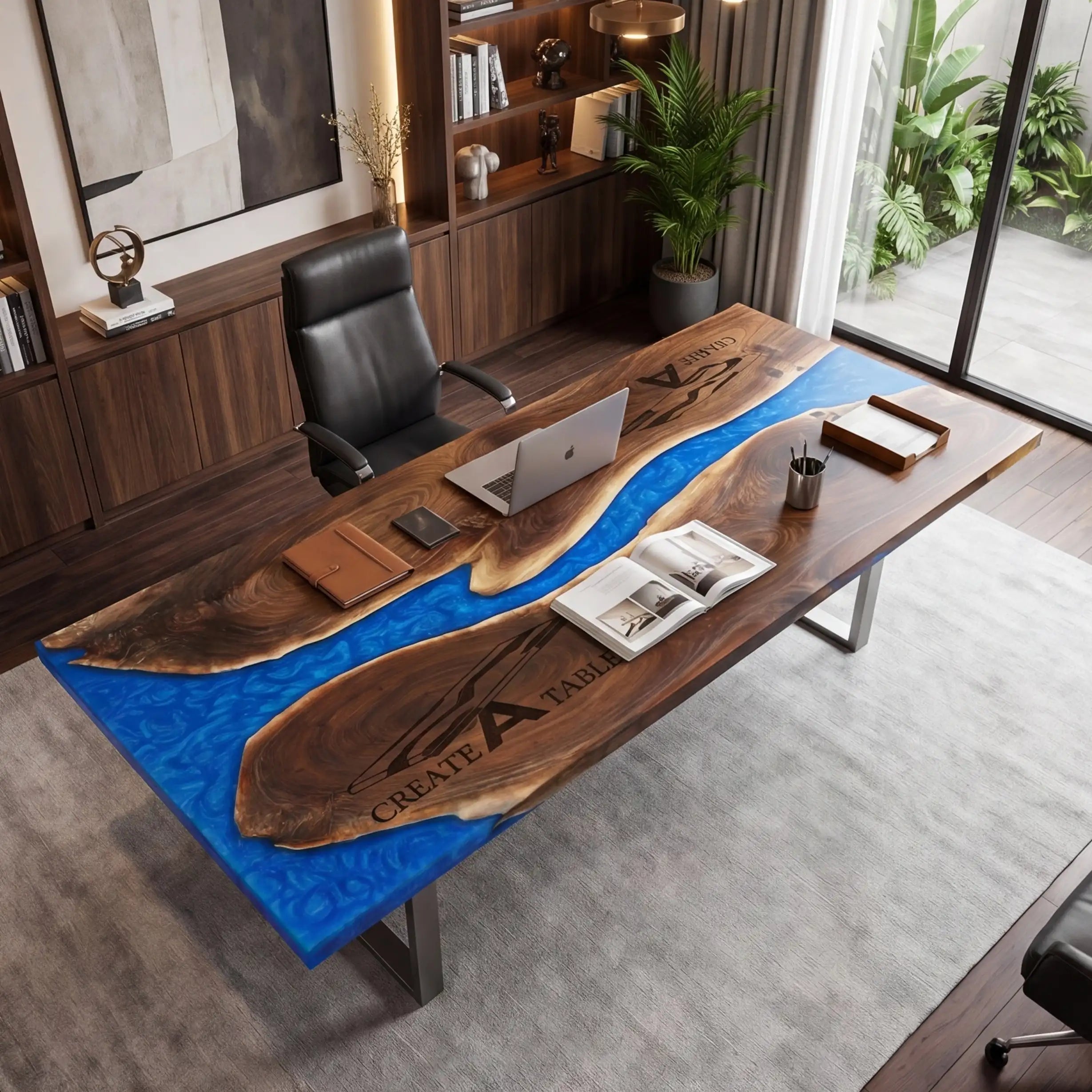 Custom Walnut and Sapphire Blue Resin “Executive Signature” Series Desk (With Custom Corporate Logo) RD-39