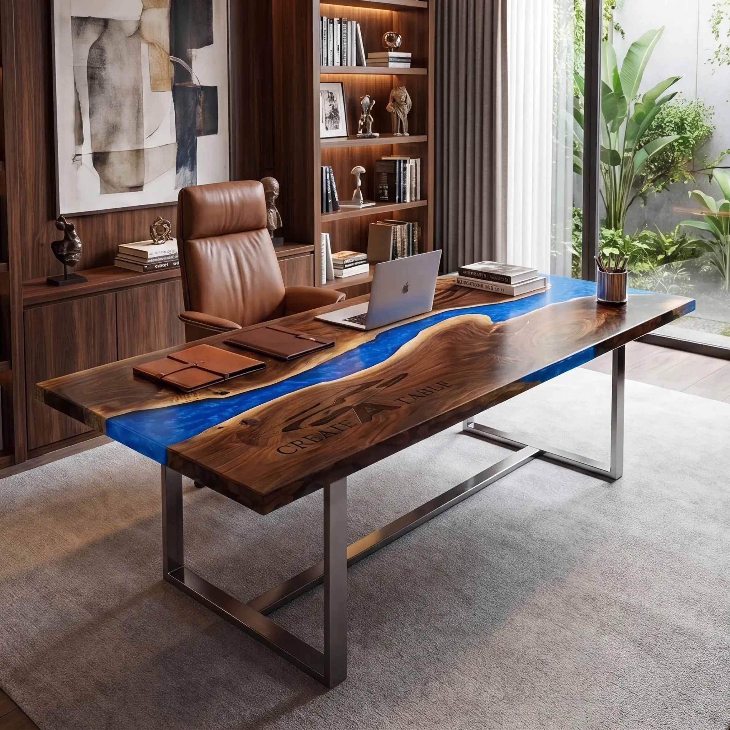 Custom Walnut and Sapphire Blue Resin “Executive Signature” Series Desk (With Custom Corporate Logo) RD-39