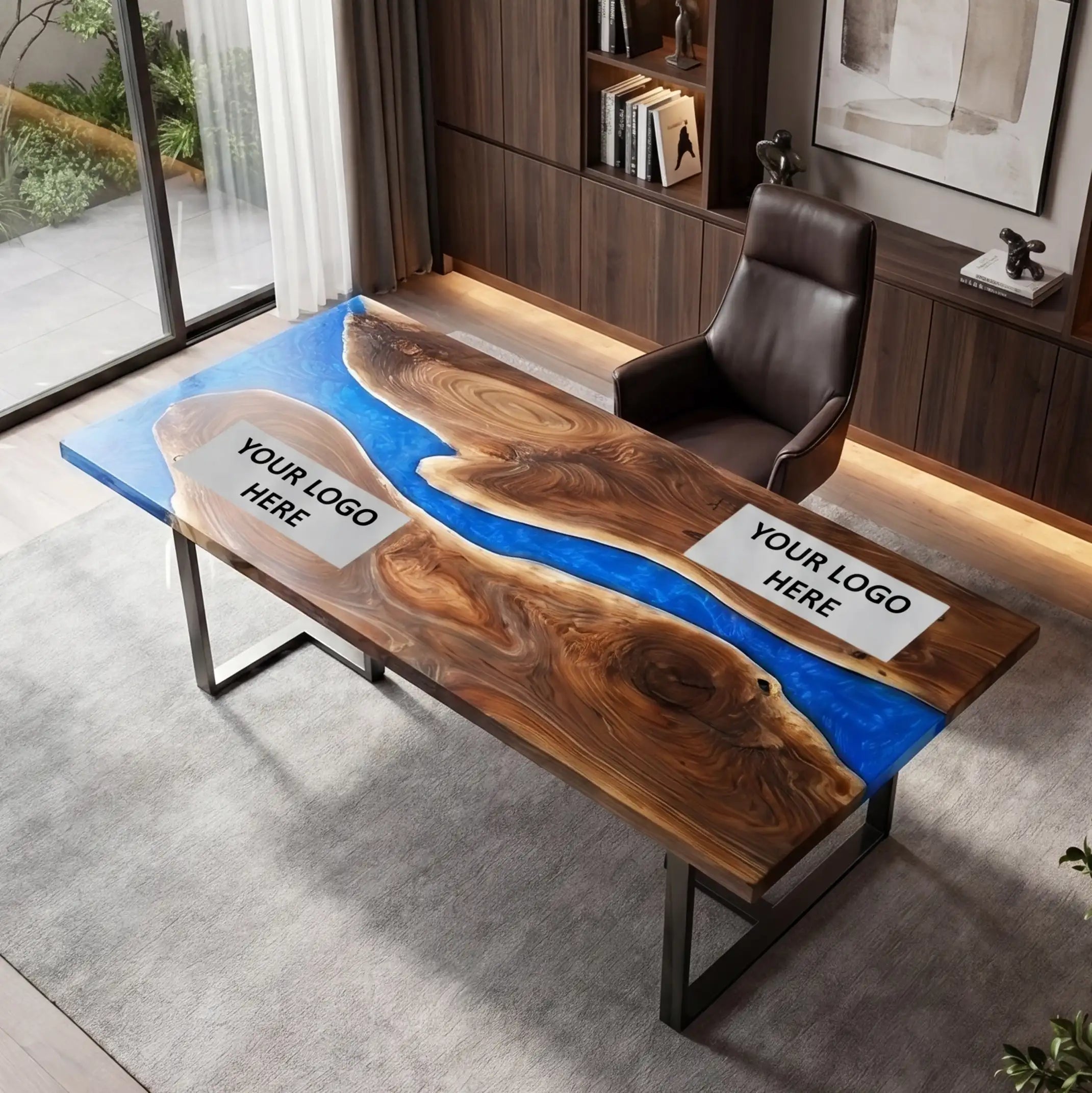 Custom Walnut and Sapphire Blue Resin “Executive Signature” Series Desk (With Custom Corporate Logo) RD-39