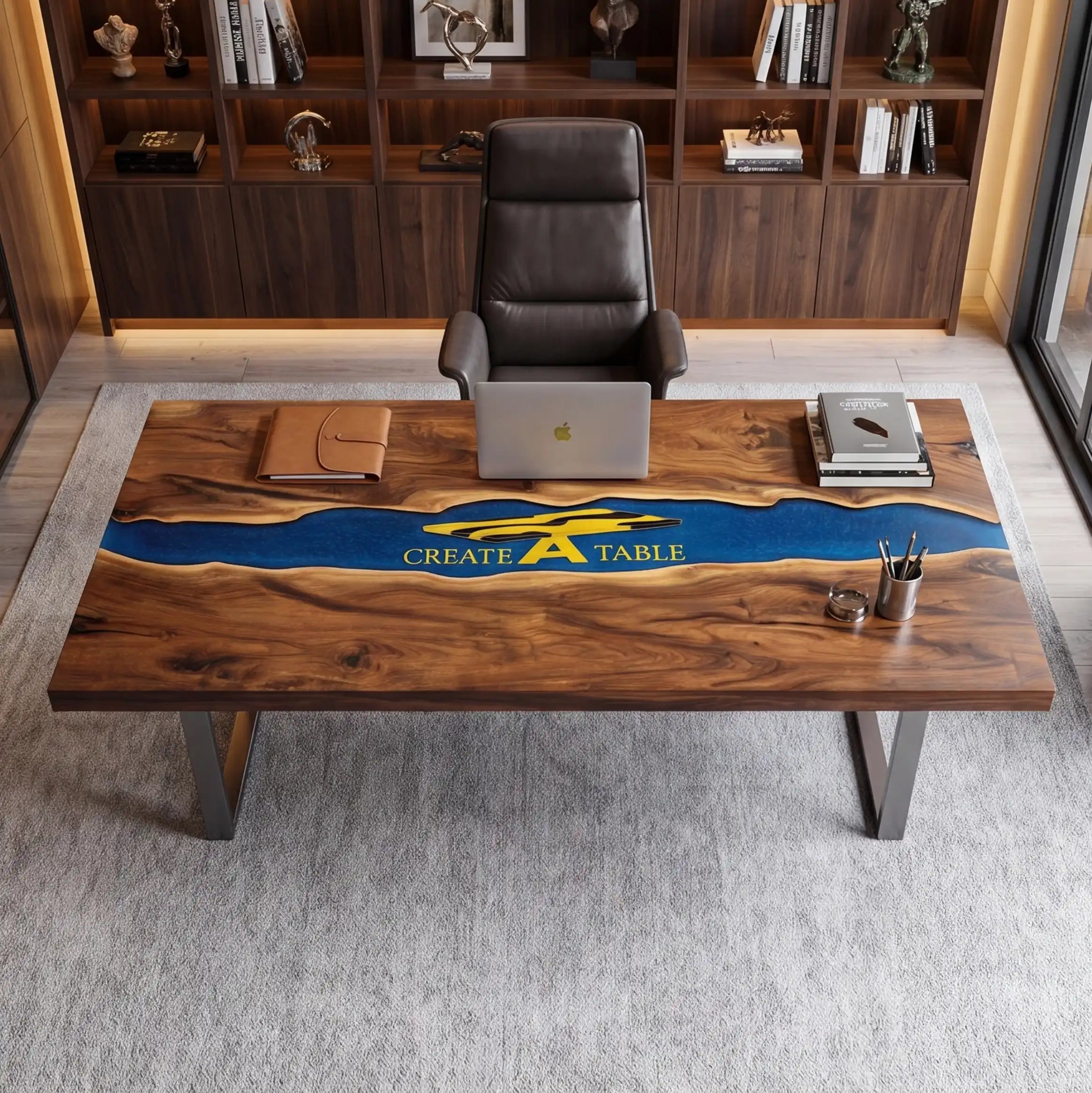 Custom Walnut and Sapphire Blue Resin “Executive Signature” Series Desk (With Gold Resin Inlay Logo) RD-48