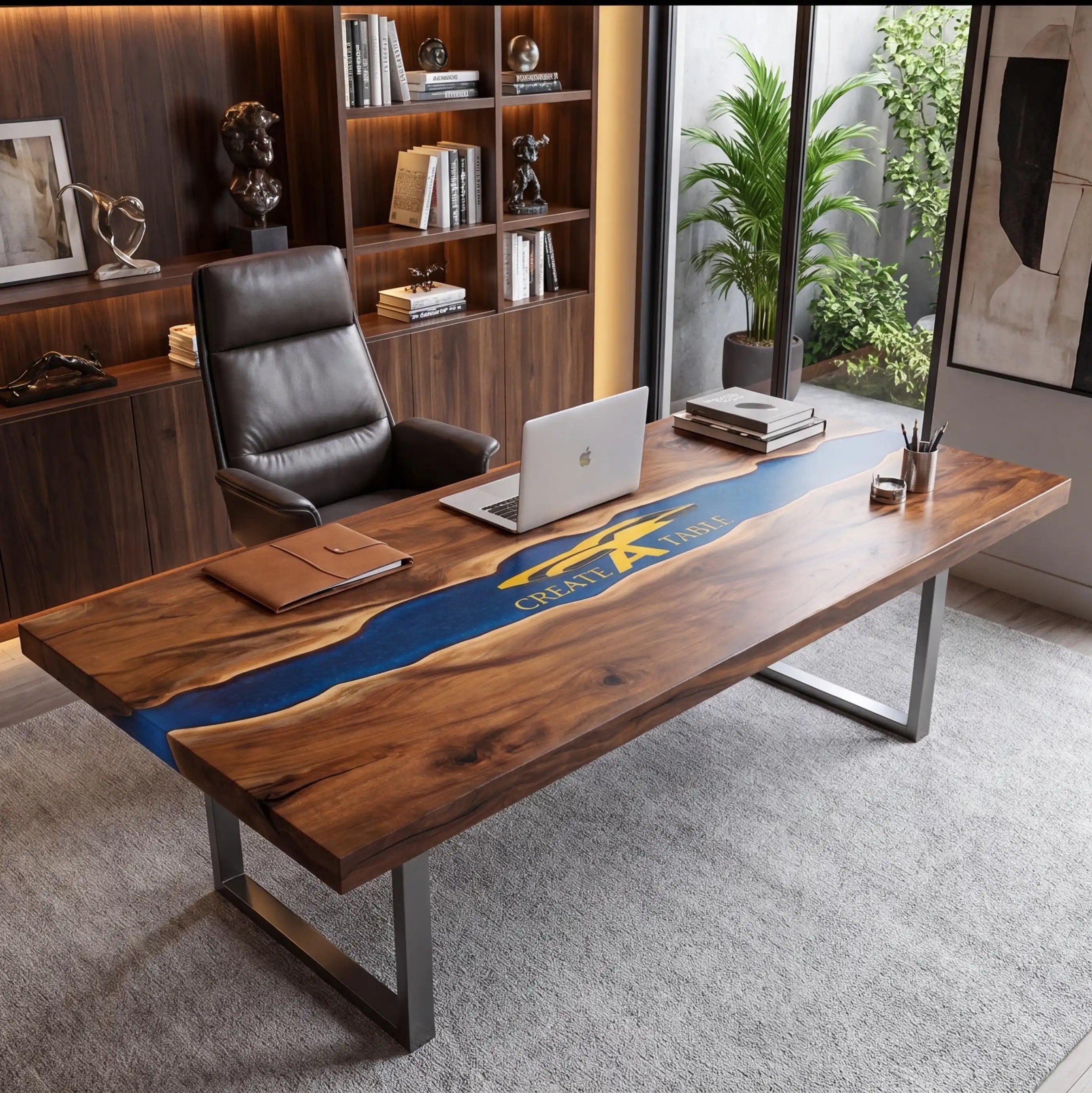 Custom Walnut and Sapphire Blue Resin “Executive Signature” Series Desk (With Gold Resin Inlay Logo) RD-48