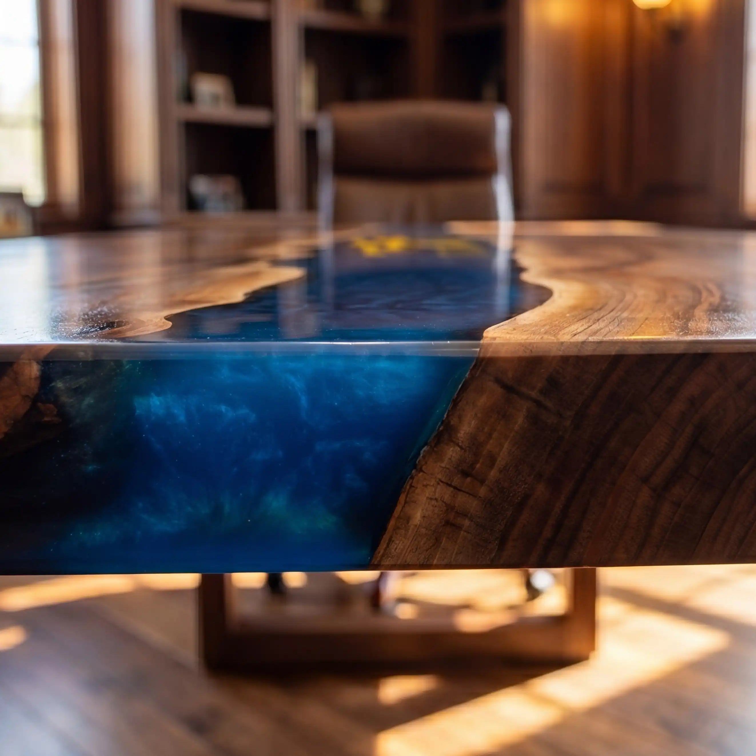 Custom Walnut and Sapphire Blue Resin “Executive Signature” Series Desk (With Gold Resin Inlay Logo) RD-48