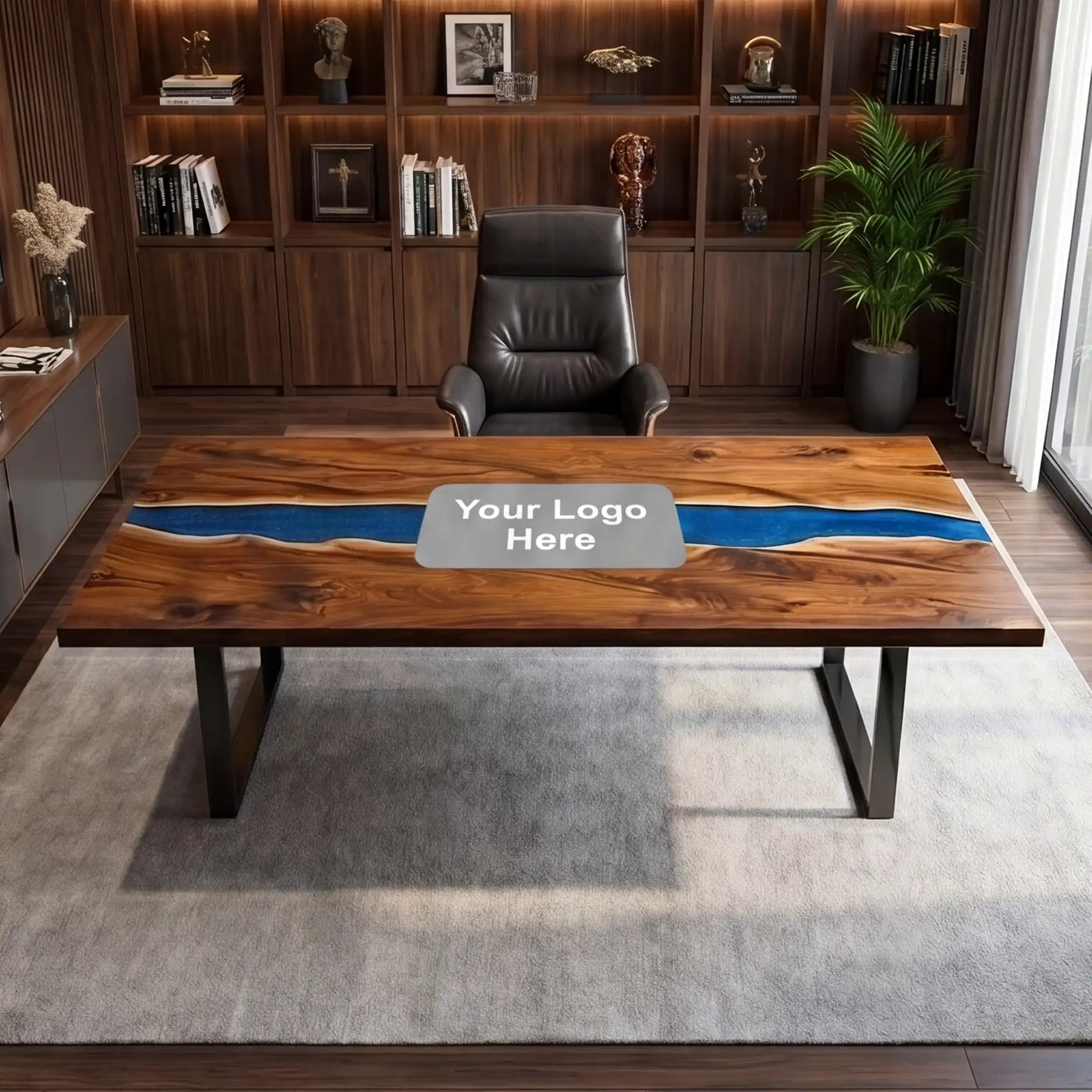 Custom Walnut and Sapphire Blue Resin “Executive Signature” Series Desk (With Gold Resin Inlay Logo) RD-48