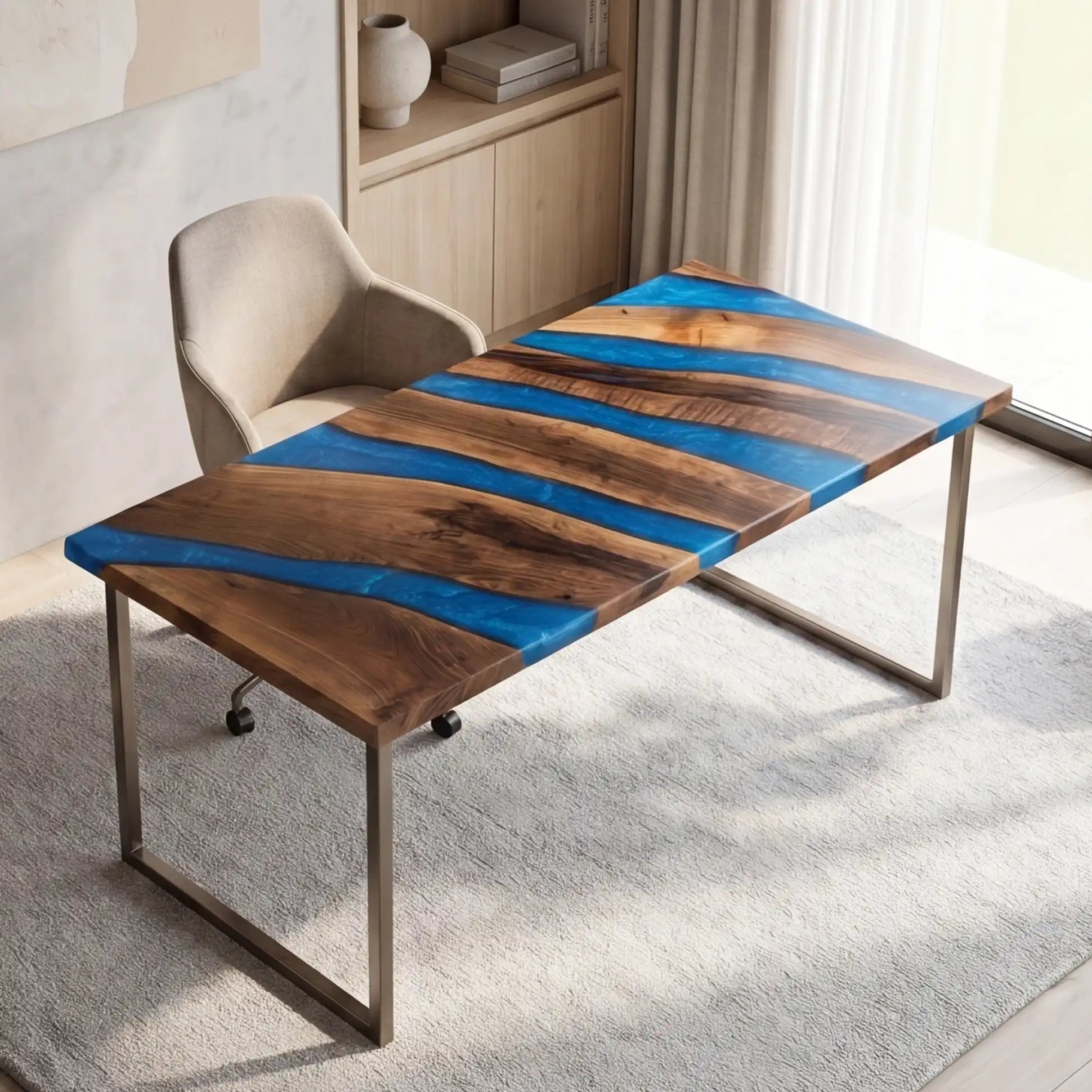 Custom Walnut and Vibrant Blue Resin “Modern Organic” Series Multi-River Desk RD-55