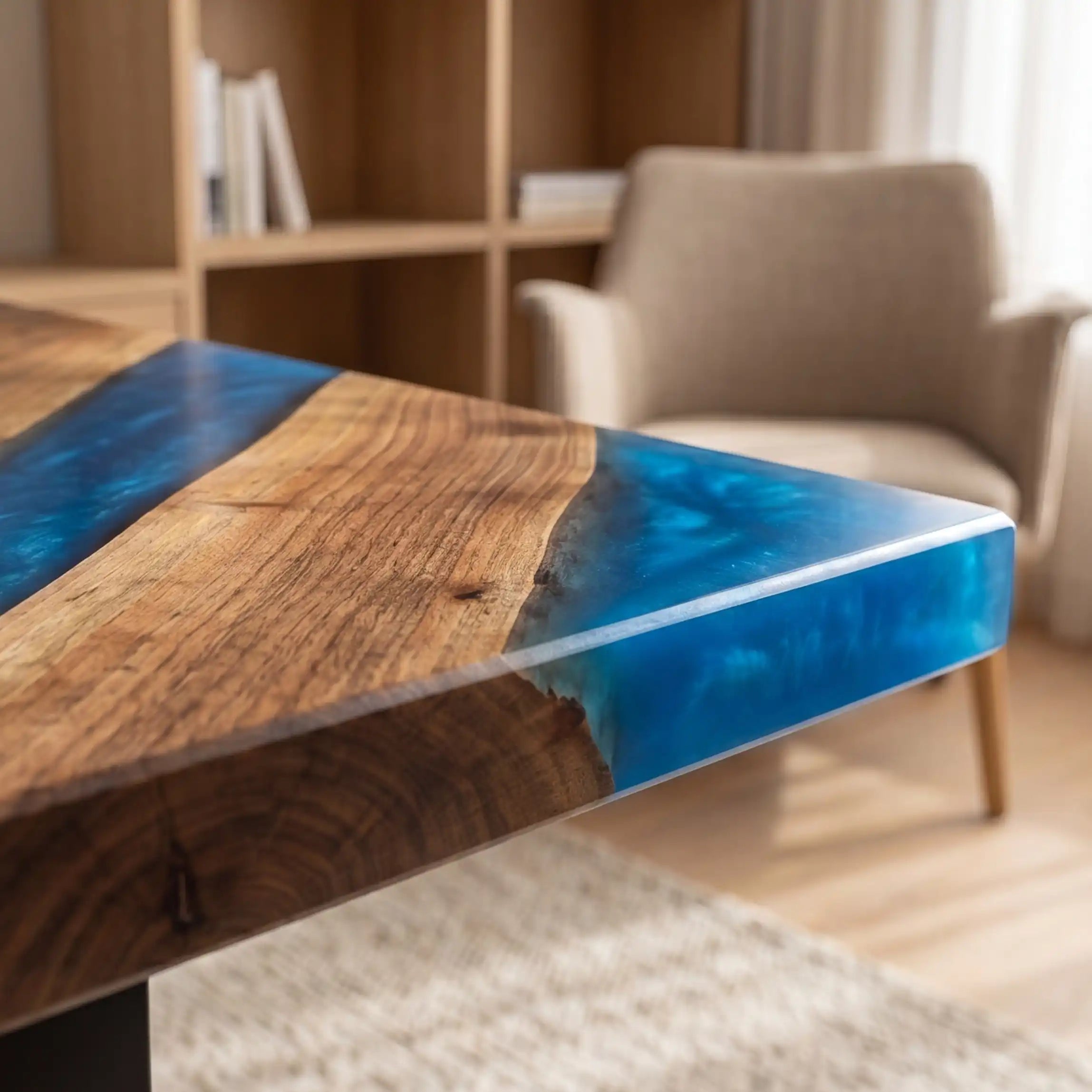 Custom Walnut and Vibrant Blue Resin “Modern Organic” Series Multi-River Desk RD-55