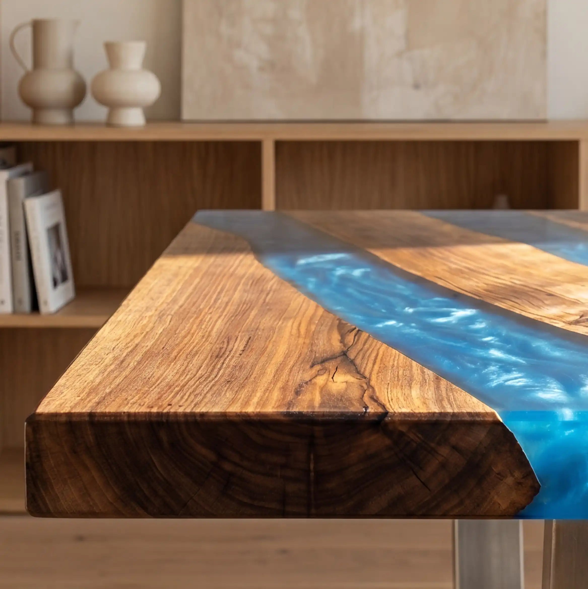 Custom Walnut and Vibrant Blue Resin “Modern Organic” Series Multi-River Desk RD-55