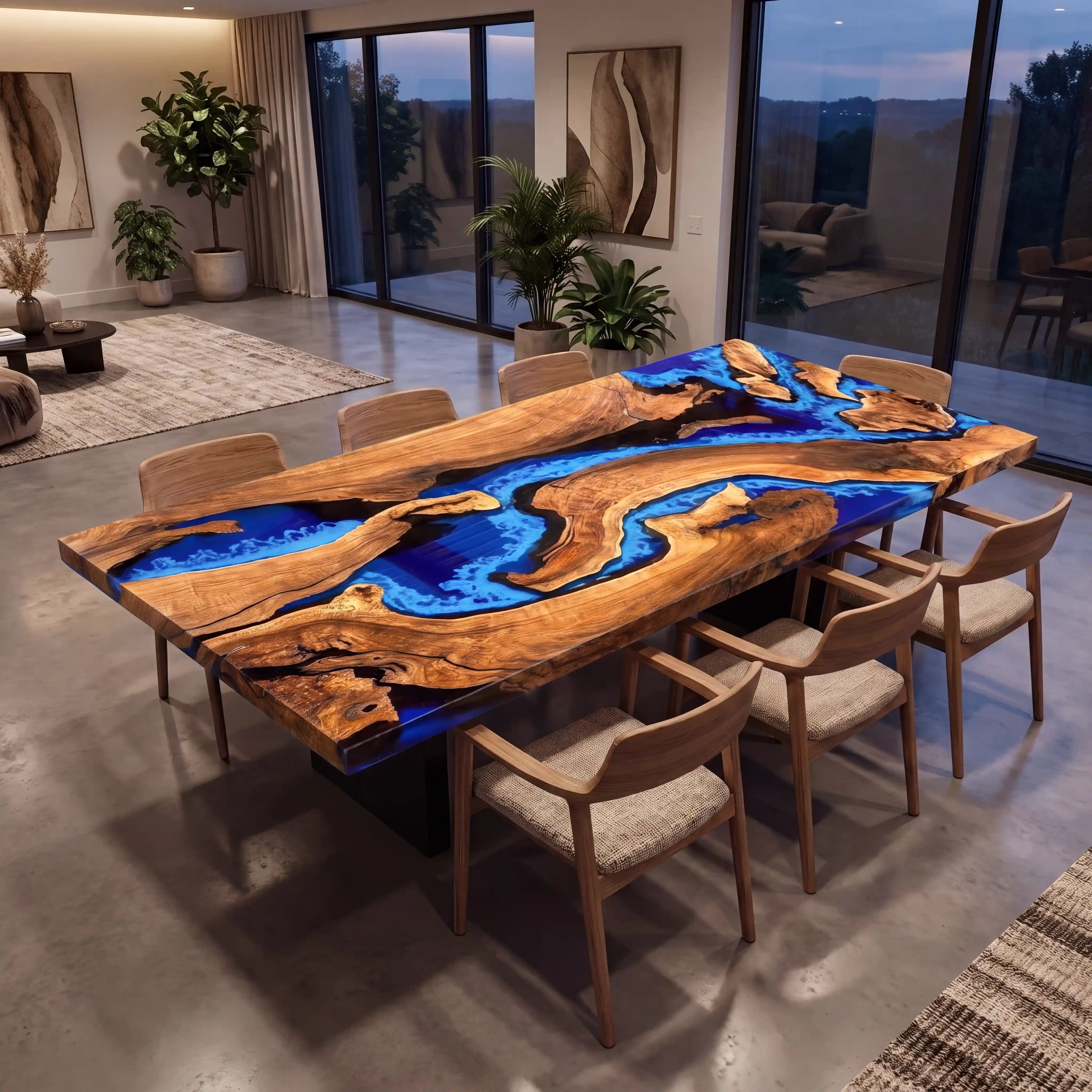 Custom Black Walnut Epoxy Resin River Table Blue Waves XPT-27