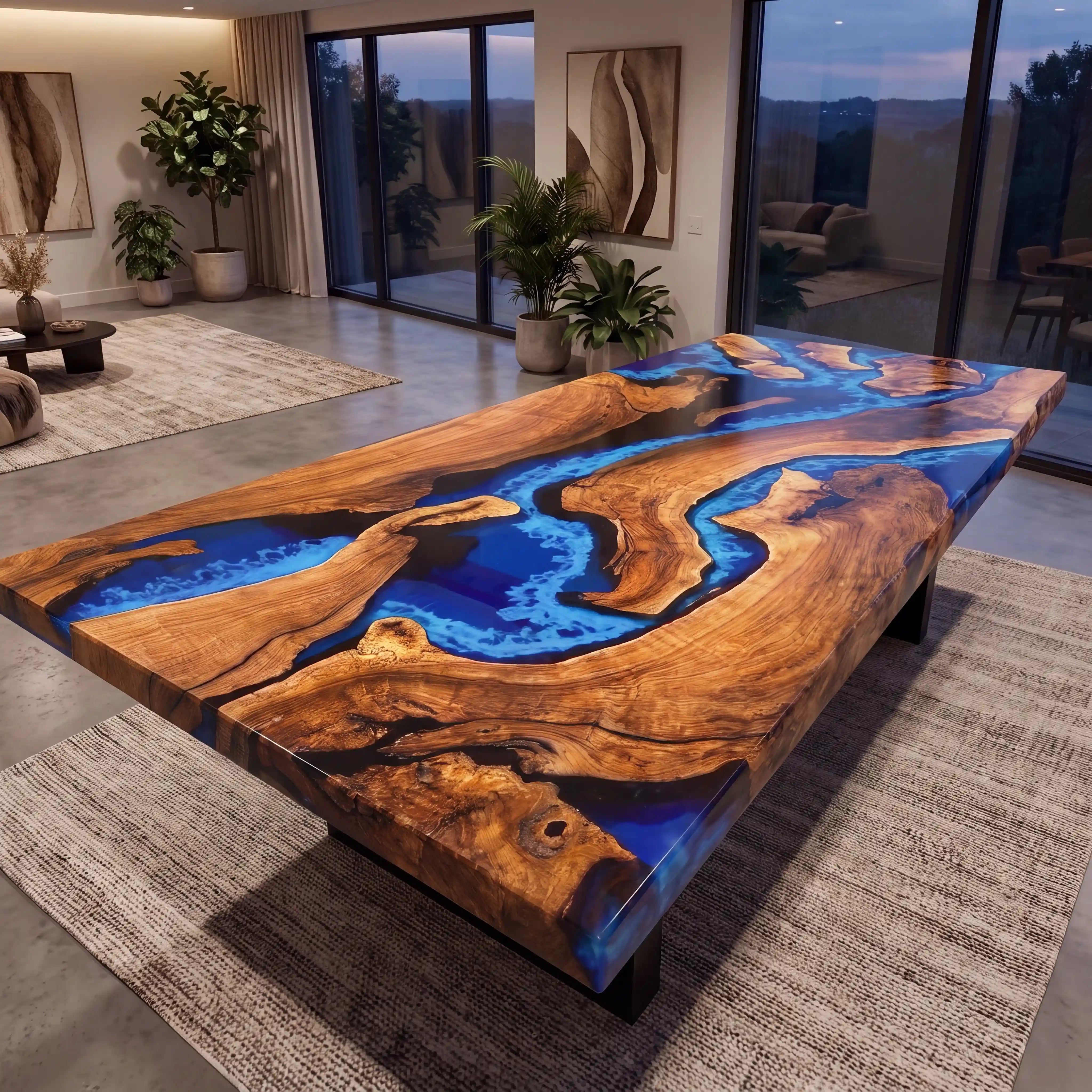 Custom Black Walnut Epoxy Resin River Table Blue Waves XPT-27